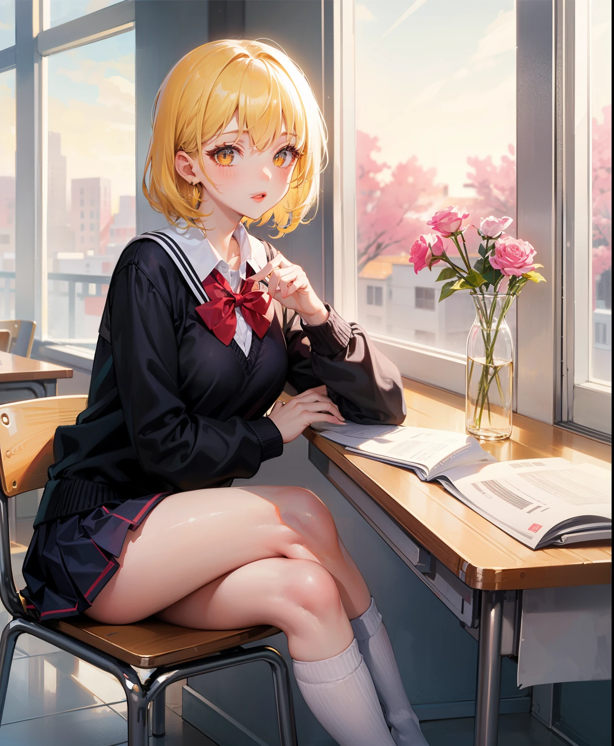 Dynamic posing, dynamic angle, Arrange pose,Top quality work,Show Legs,(short golden hair),(golden eyes), lovely red lips, Rose cheeks, Pretty Face, A perfectly proportioned face, school shirt with red bow and black skirt, (school uniform), white stockings,in classroom,full-body view, amazing, Large round chest、Beautiful eye details、Beautiful eyelashes、beautiful double eyelid, with blush cheeks, talking to viewer