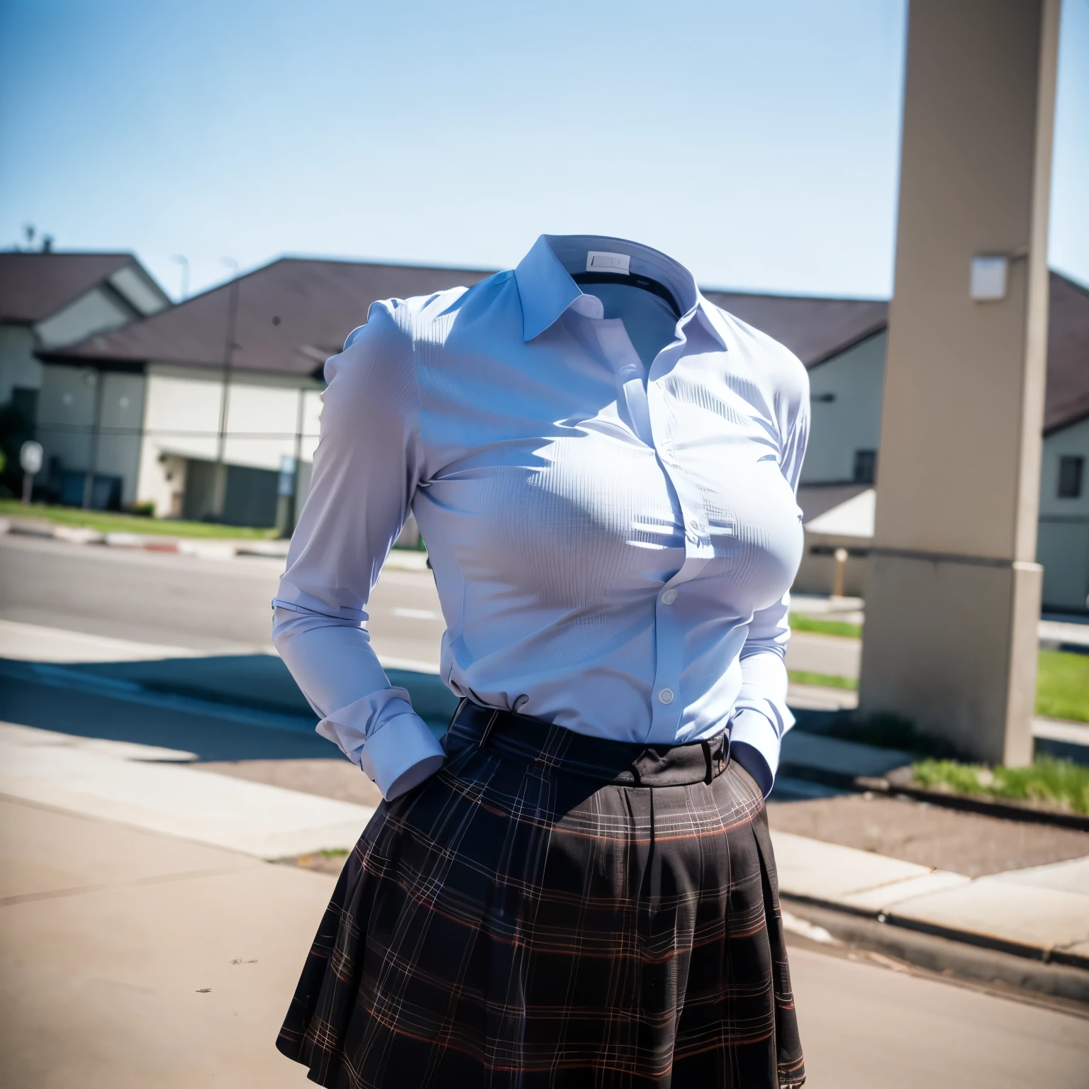 school blouse, plaid skirt, stripe tie, put hands on hip, cute big breasts, (invisible, no human, headless, handless:1.5), (8k, RAW photo, best quality, masterpiece:1.2), (realistic, photo-realistic:1.37), photon mapping, radiosity, ((Hasselblad photography)), physically-based rendering