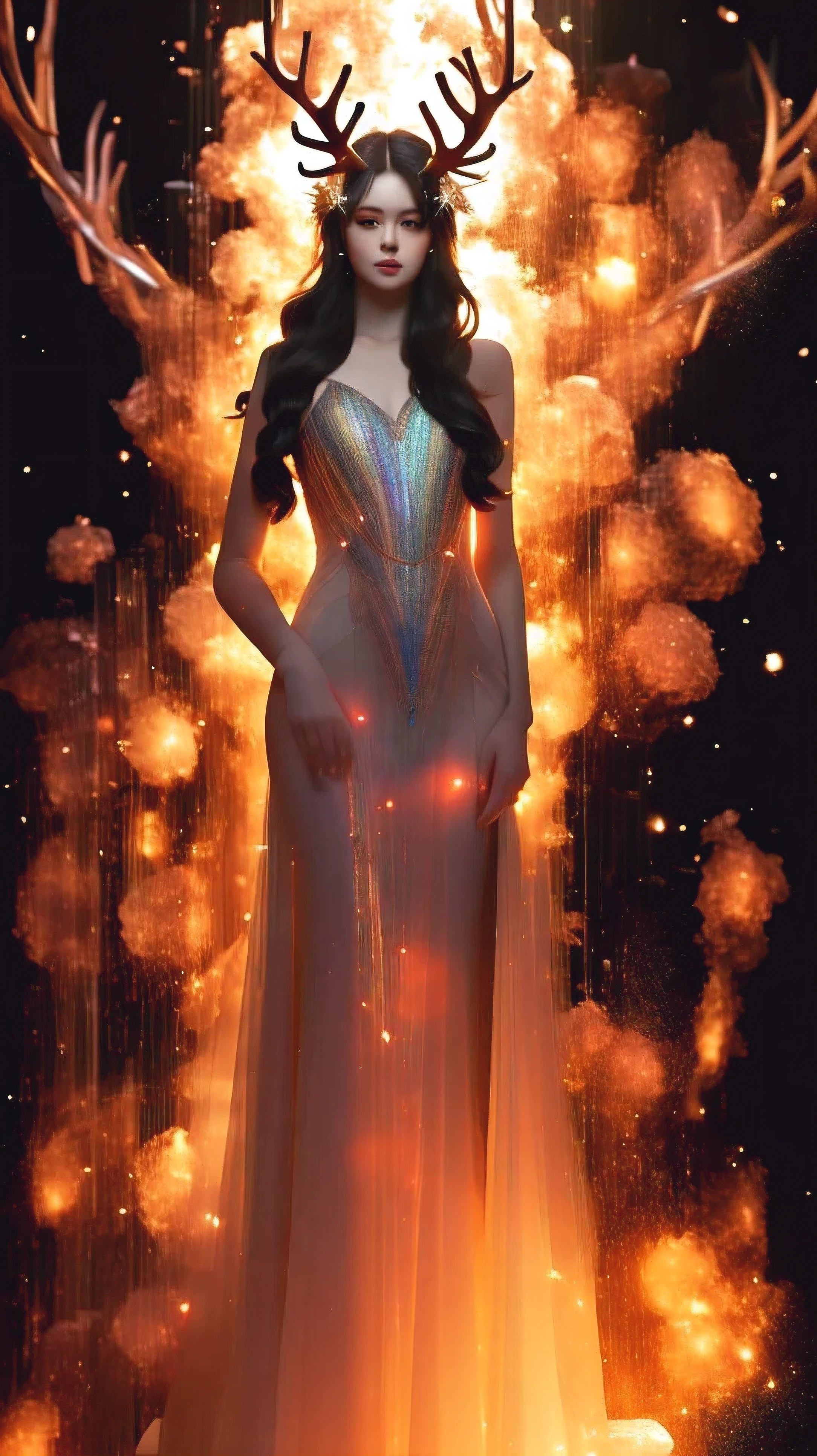 masterpiece,best quality,1girl,((full_body)),fantasy art,with huge glowing antlers on his head,a bright evening gown in a sparkling star-light,delicate creature armor,dopamine color,solo,long hair,a slender figure,looking at viewer,lips,bare shoulders,explosion effects,self-luminous,
masterpiece,best quality,1girl,full_body,solo,long hair,black hair,lips,bare shoulders,parted lips,explosion effects,self-luminous,iridescence:1.2,jewelry,long hair,