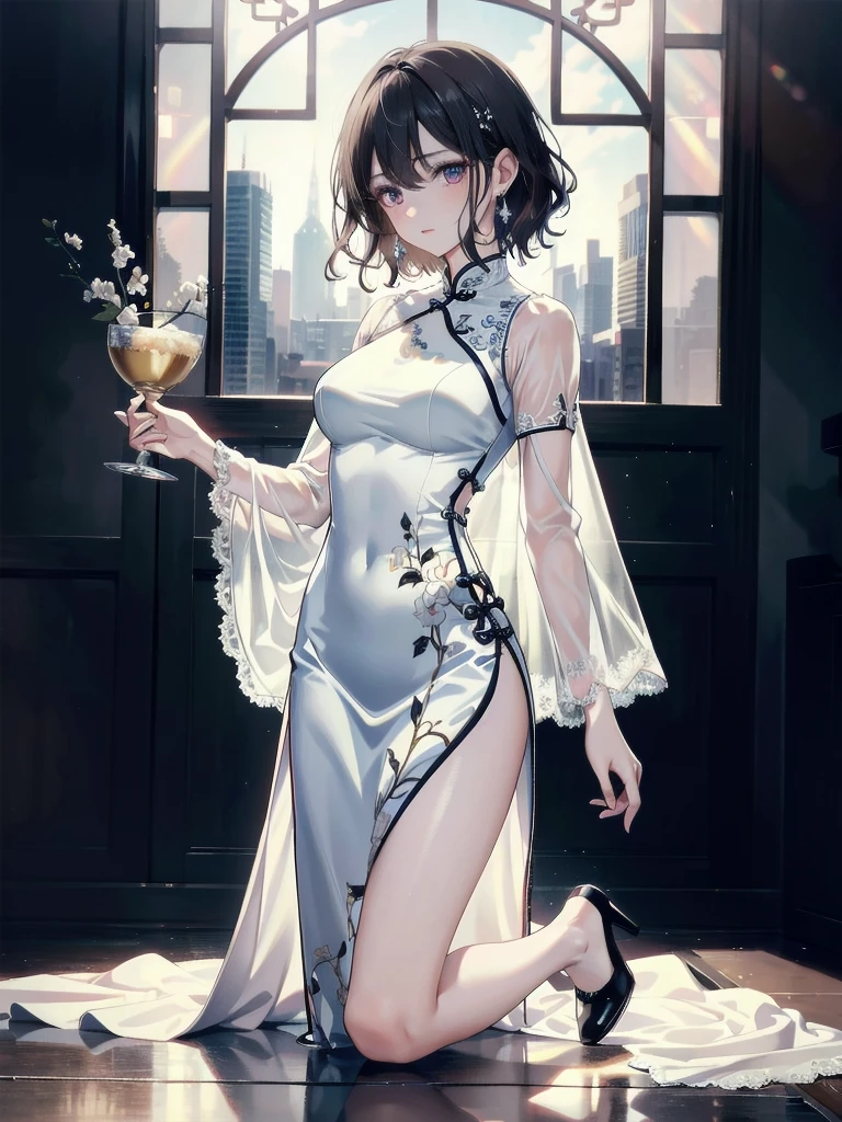 absurdres, RAW photo, extremely delicate and beautiful, masterpiece, Best Quality, ultra high resolution, 32k, hyperrealistic, ultra-detailed, detailed description, pale skin, 20 years old, tearful mole, earring, Colossal tits, short medium hair, wavy hair, full body shot, alone, cheongsam, halterneck,