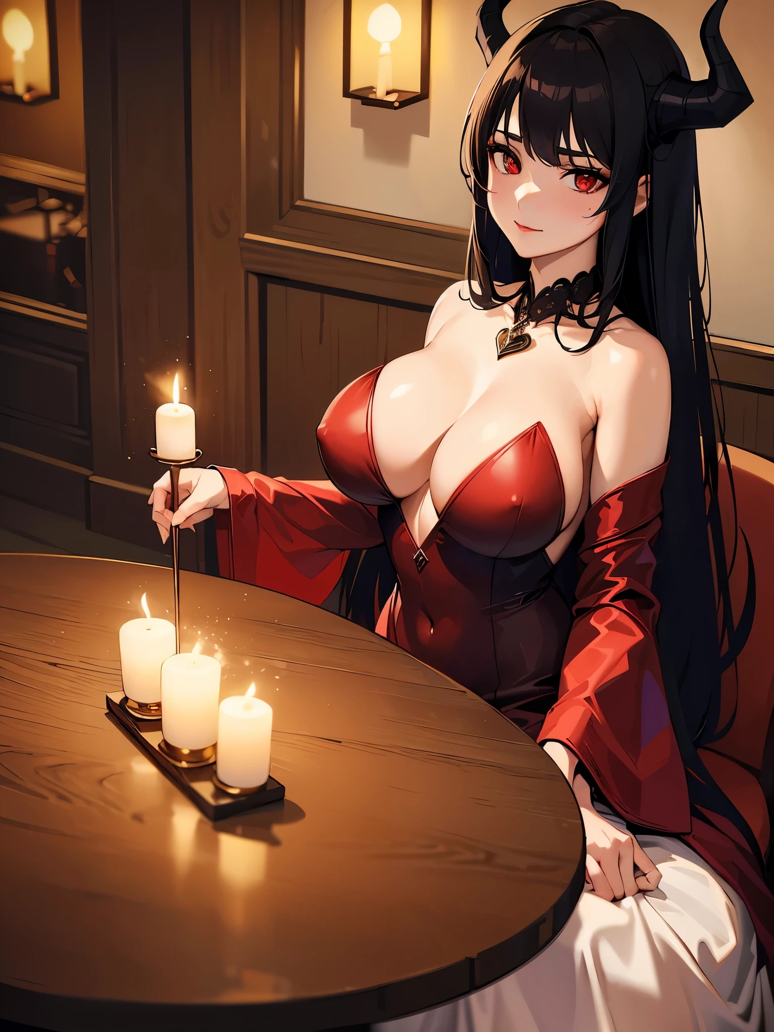 (best quality,highres:1.2),ultra-detailed,(photorealistic:1.37),demon girl in a fancy restaurant eating a heart, red eyes, long straight black hair, perfect body, fair skin, reddish lips, black horns on the top of her head and a reddish halo above too, wearing an elegant black dress with a plunging neckline and long sleeves, sitting at a beautifully set table, decorated with exquisite tableware, surrounded by flickering candlelight.