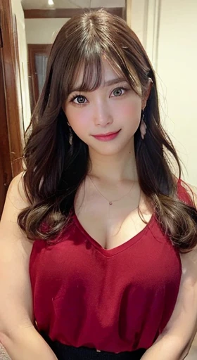 (8k、Raw photo、Best image quality、masterpiece:1.2)、High-resolution RAW color photos、Professional photography、Cowboy Shot、(Realistic、Photo Real:1.37)、((highest quality))、1 tall woman、Cinematic light、(Face in detail:1.2)、(masterpiece:1.5)、(highest quality:1.2)、(Smiling face:1.2)、(Look at the viewers:1.8)、adult、Sexy sleeveless deep V-neck sweater、Cleavage,Red Bedroom,mascara、compensate、cheek,front shot,stomach,Wavy hair,from the front,arms behind waist,