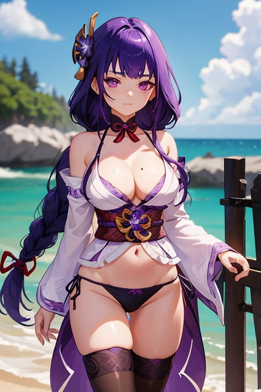 shogun, 1girl, solo, long hair, looking at viewer, hair ornament, thighhighs, bikini, ribbon, holding, cleavage, closed mouth, purple eyes, purple hair, braid, mole, blurry, sash, mole under eye, purple flower, vision (genshin impact), obijime, tomoe (symbol), obiage, mitsudomoe (shape),  