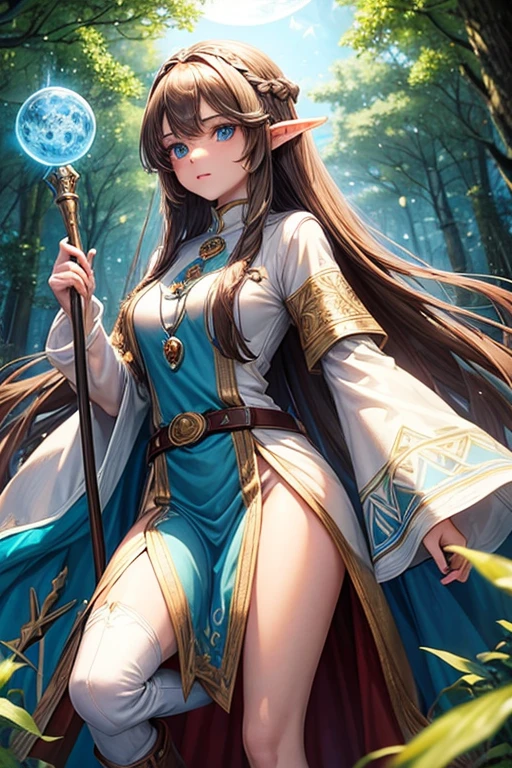 30 year old elf woman with long brown hair, long messy hairstyle with a fringe, pointed elf ears white priestess clothing with medieval blue blue eyes holding a staff with blue gems silver moon ornaments brown boots brown leather belt jade ornaments in the background of the forest with magic symbols