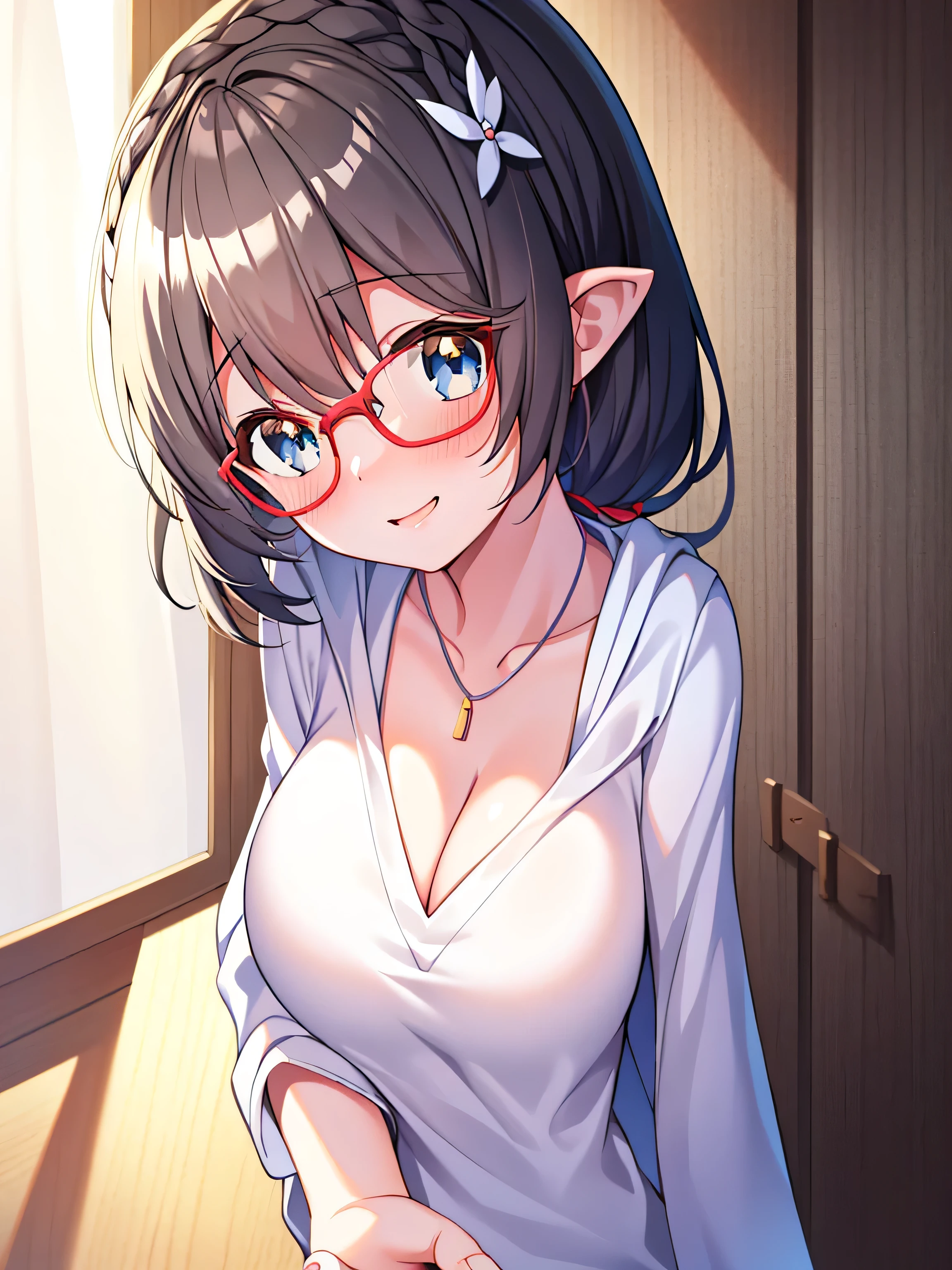 detailed, dense, masterpiece, A girl, Beautiful big breasts, Wearing a white cardigan, permanent,Standing by the bed,With blanket, white hair, , Light and smooth skin, Light skin, Shiny Hair, Clear eyes, Light's eyes,blue eyes, Light pink lips, (Audience looking down: 0. 8) Smile, Cheeks dyed red, Very shy, open mouth, By Bangs, White sleeves, White coat, A girl, soft skin,Large cleavage, Light skin, Light, Rich Light, room Lighting, Simple gold necklace, Diamond necklace, white lace bra, White lace, white lace underwear, High Angle, Low Angle, (masterpiece: 1.0), (Practical: 1.6), (Soft Focus: 1.5),black,