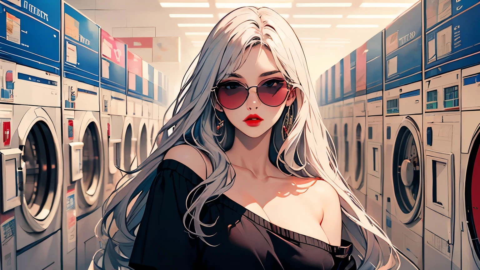 (UHD, Retina, Masterpiece, Accurate, Anatomically Correct, Textured Skin, Ultra Detailed, High Detailed, High Quality, Best Quality, High Resolution, 1080P, HD, 4K, 8k, 16k), (Beautifully Detailed Eyes, Beautifully Detailed Lips, Highly Detailed Eyes and Face), Perfect Face, Beautiful Face, 30 years old woman, (Thin Sharp Eyebrows 1.9), white Off-shoulder shirts, Long Wavy Hair, Silver Hair, Alone, Upper Body, (Big Breasts 1.2), Cleavage, (Black Sunglasses),((Red Lips)), Blurred, sexy pose, (warm colors 1.9),Coin laundry, laundromat, from behind,Angle Looking Back,pink romantic and nostalgic ,night