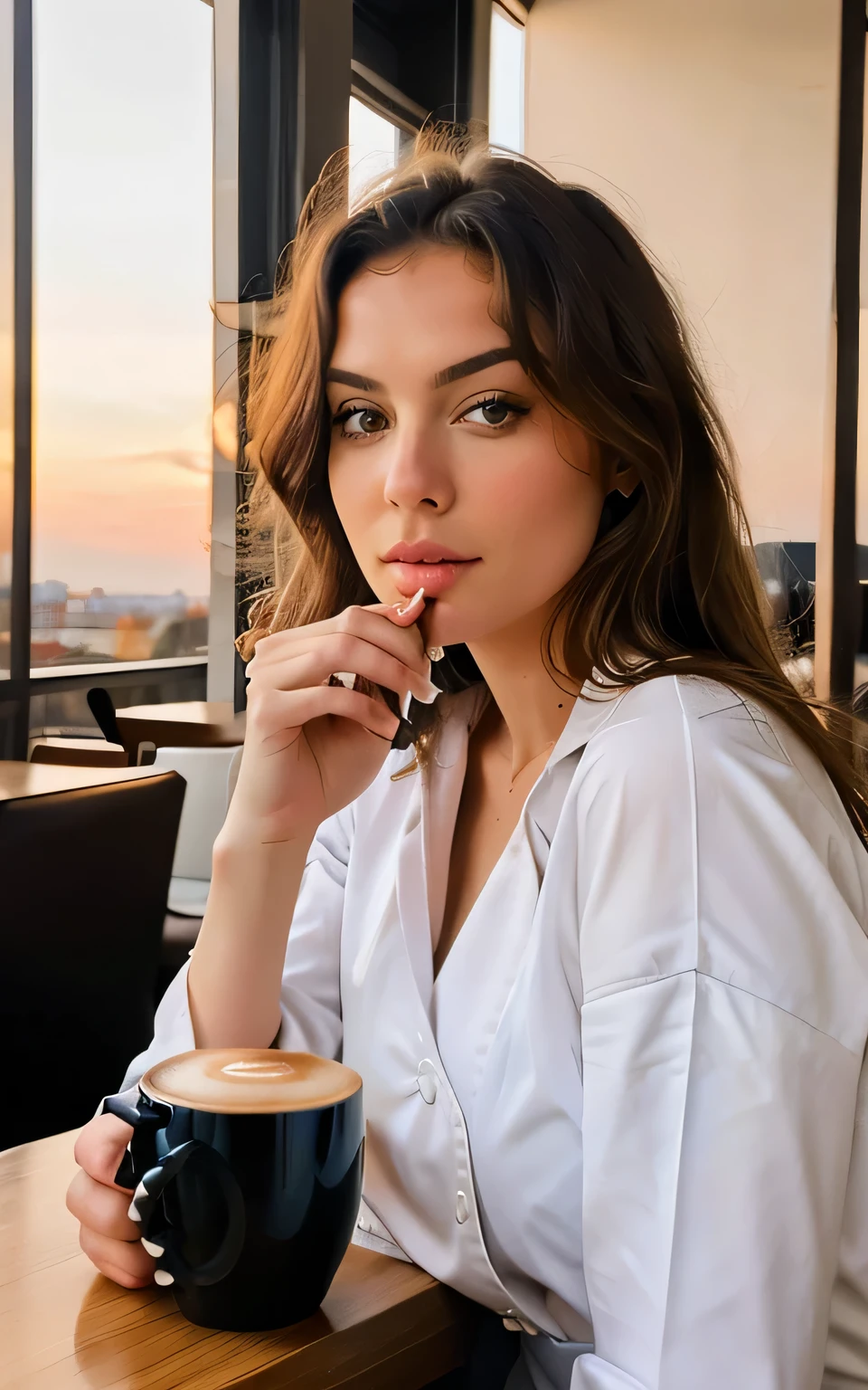 Jolie belle blonde avec un pull jaune (Drinking coffee in a modern cafe at sunset), Very detailed, 14 ans, Visage innocent, naturally wavy hair, yeux bleus, High resolution, Chef-d'artwork, best quality, Complicated details, Very detailed, sharpness, detailed skin, Realistice Hauttextur, texture, Detailed eyes, Professionnel, 4k, sourire charmant, prise avec Canon, 85 millimeters, Slight depth of field, Kodak Vision Couleur, corps parfaitement ajusté, extremely detailed, Photo_\(ultra\), fotoRealistic, Realistic, post-traitement, Maximum details, roughness, vrai vie, ultraRealistic, Photorealismus, Photografie, 8k euh, Photografie voir visage face