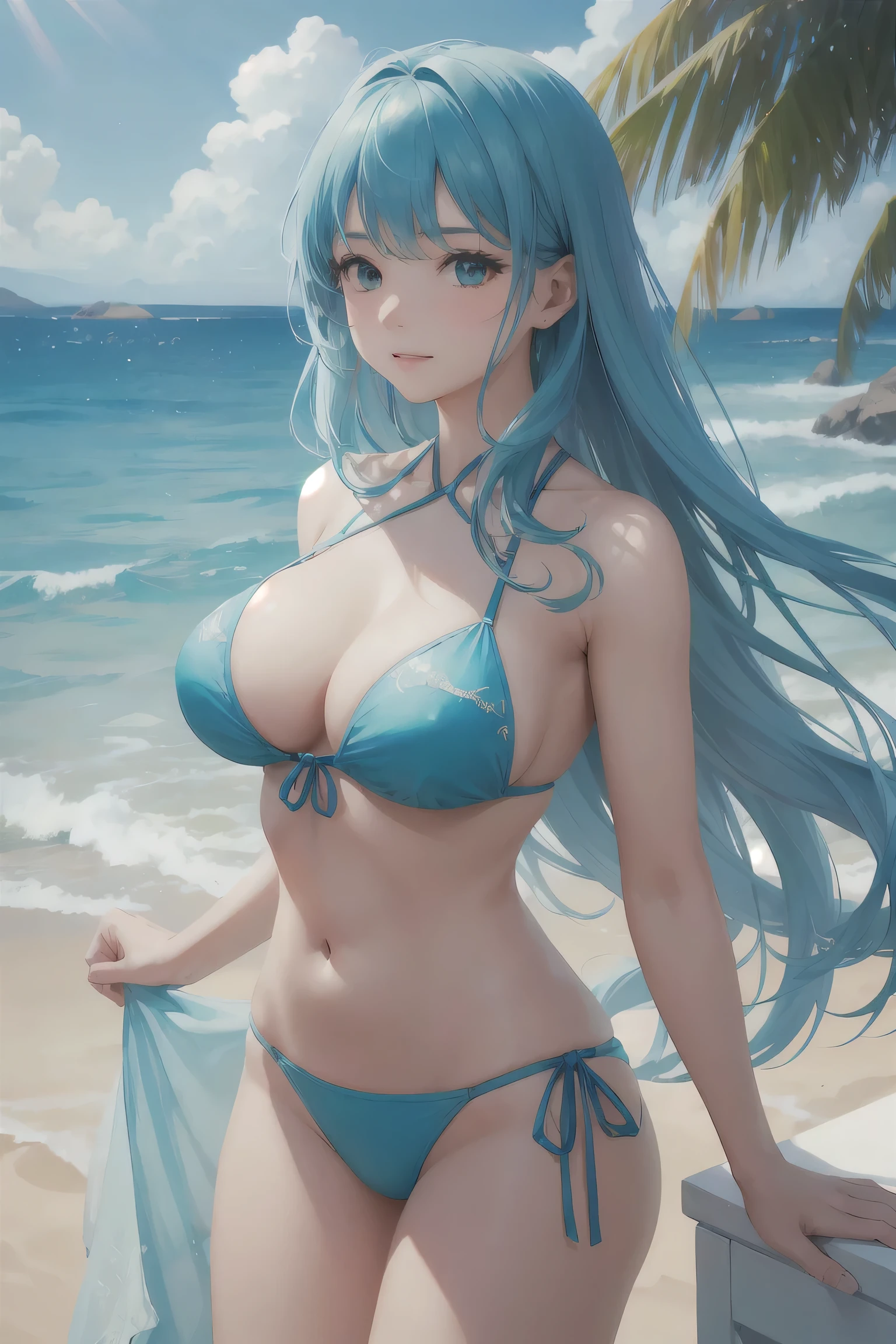 1 girl, adorned in bikinis crafted from intricately assembled seashells, lounges on the soft, powdery sand of the beach. The turquoise blue sea gently laps at the coastline, creating a tranquil scenery. The sun casts a golden glow over her, highlighting the delicate patterns and shimmering lustre of the seashell bikinis. The scene is rendered in 8k resolution, with hyper-realistic graphics and vibrant colors that bring out the beauty of the girl and the surroundings. The calm, blue sea stretches out to the horizon, dotted with occasional waves that add a sense of serenity to the idyllic
