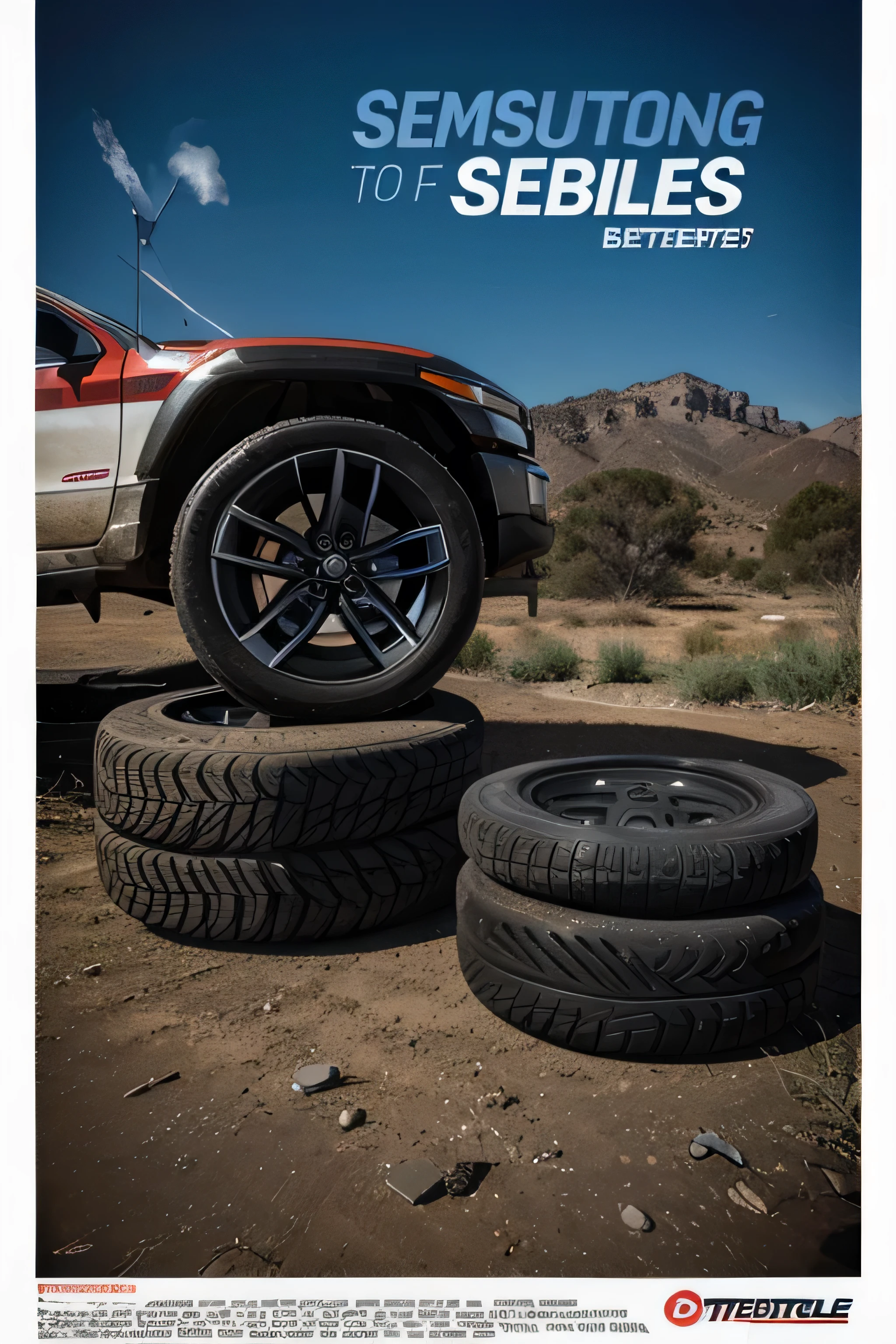 A poster for the sale of tires and batteries for combustion cars and trucks to promote sales on social networks .