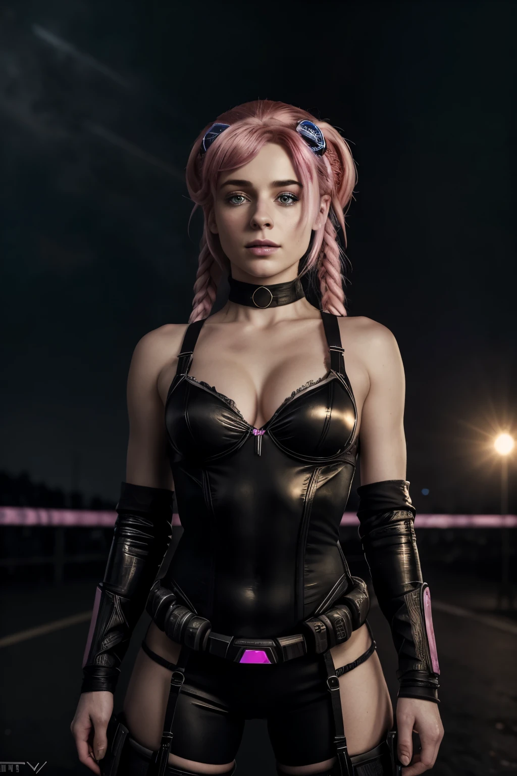 (Masterpiece, ultra-detailed, cinematic, RAW style, high contrast), 30-year-old Sophie Riggs portraying Pinkie Pie in "Night Battle 1" by Konstantin Zorobiy --

An exquisitely crafted image featuring Sophie Riggs in her iconic role as Pinkie Pie, capturing the essence of the character in "Night Battle 1" by Konstantin Zorobiy. This captivating portrayal demonstrates her playful and joyful demeanor, with pink hair cascading freely over her shoulders and expressive eyes gleaming with enthusiasm. The background is a battle scene,