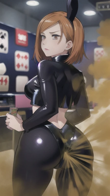 ((velocity)),Attacked by farts, (Kugisaki Nobara),(((Women farting))),(girl farting),velocity,)(a female),(wearing a latex bunny suit),(her butt facing screen and bending over)),(ass grab),(anime girl),(Casino),(masterpiece:1.2、top-quality, best-quality)、(the Extremely Detailed CG Unity 8K Wallpapers、ultra-detailed、Best Shadows)、(Detailed background)、(The best lighting、extremely delicate and beautiful)、depth of fields、1girl in、solo、upward looking gaze、