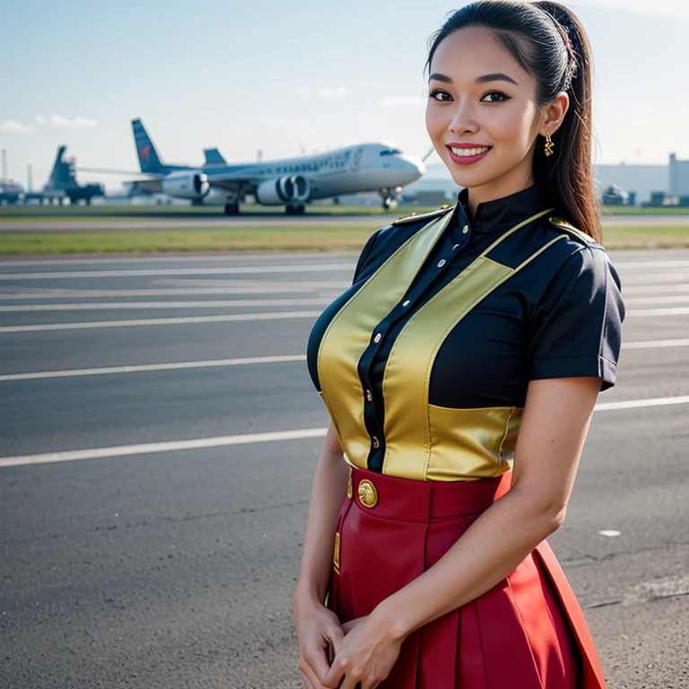 (Thai woman),(highponytail),(forehead), (Stewardess Uniform:1.5),(short skirt),(enormous breasts:1.6),(slim waist:1.3),(smile:1.5),(aircraft runway in the background:1.5)), (cowboy shot:1.4),8k, UHD,