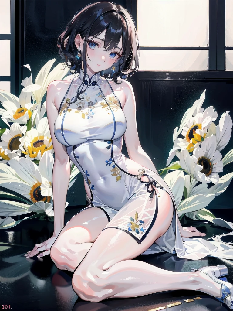 absurdres, RAW photo, extremely delicate and beautiful, masterpiece, Best Quality, ultra high resolution, 32k, hyperrealistic, ultra-detailed, detailed description, pale skin, 20 years old, tearful mole, earring, Colossal tits, short medium hair, wavy hair, full body shot, alone, cheongsam, halterneck,