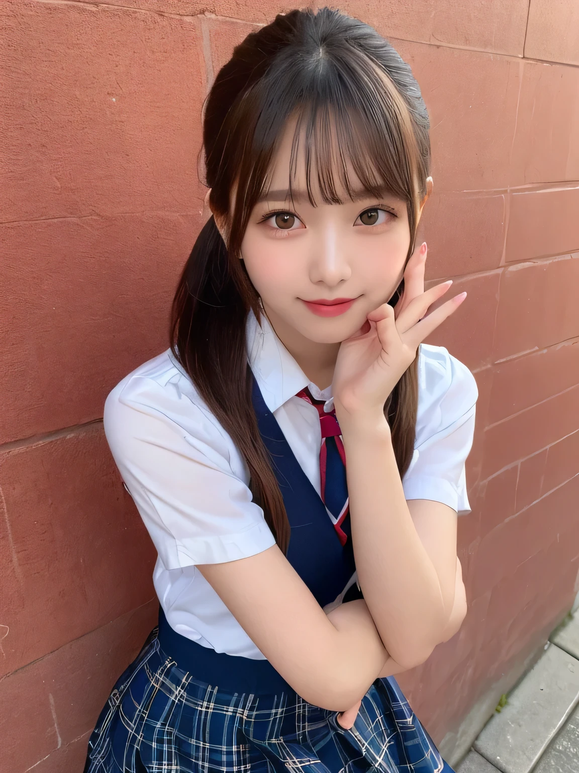 highest quality、figure、 Ultra-detailed、High resolution、8k wallpaper、Perfect dynamic composition,、Beautiful fine details、Natural color lip、Bold sexy pose、smile、18-year-old girl、cute、sexy shot looking at camera、(highest quality: 1.3), (masterpiece: 1.3), (Super Detail: 1.3), (One Girl: 1.1), (Detailed hands and fingers:1.2)、(Ultra-oily, lustrous skin with attention to detail:1.1)、Oily shiny knee socks、(The perfect school girl uniform:1.3)、Short sleeve dress shirt、(Navy Blue Sleeveless :1.2)、(Beautiful shapely small breasts:1.3)、(Red checkered mini skirt:1.2)、Sit with your legs apart、Brown Hair、short hair、ponytail、Beautiful sister、Pink wall