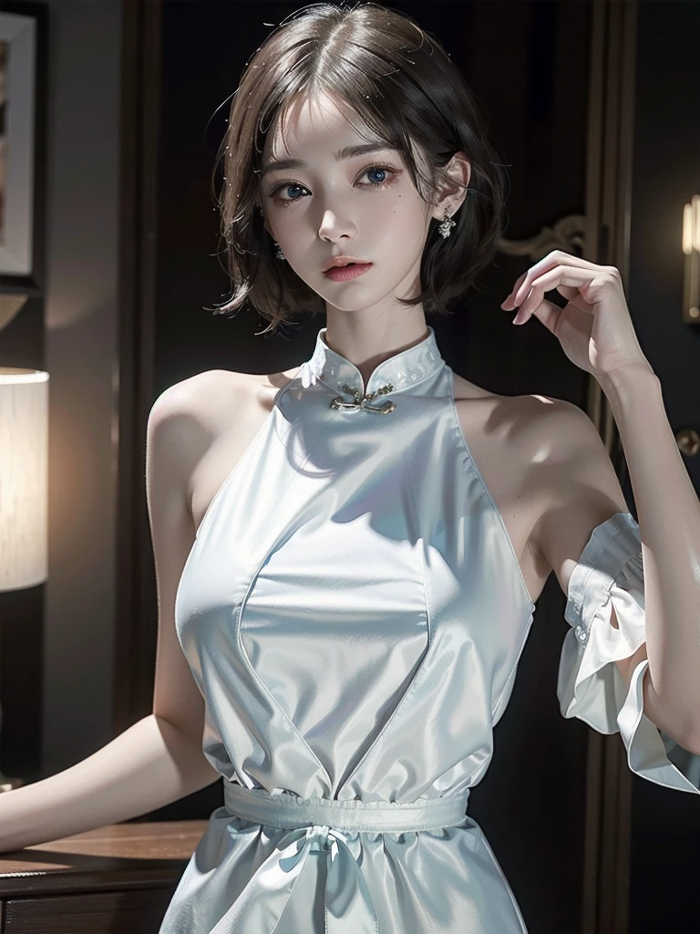 absurdres, RAW photo, extremely delicate and beautiful, masterpiece, Best Quality, ultra high resolution, 32k, hyperrealistic, ultra-detailed, detailed description, pale skin, 20 years old, tearful mole, earring, Colossal tits, short medium hair, wavy hair, full body shot, alone, cheongsam, halterneck,