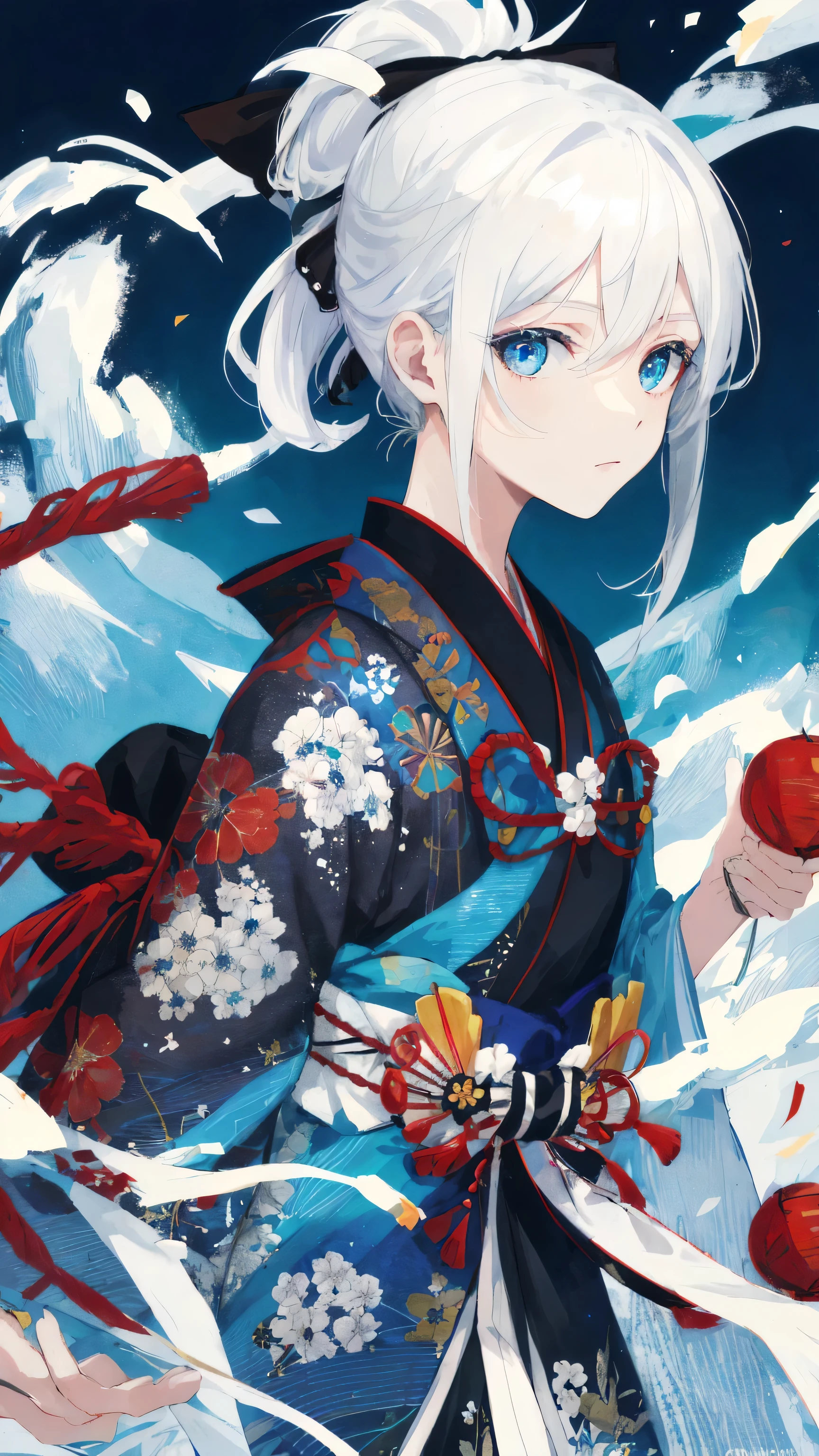 surreal, masterpiece, 4k, an anime girl, white hair tied up, blue eyes, black bow, wearing traditional Japanese, white background