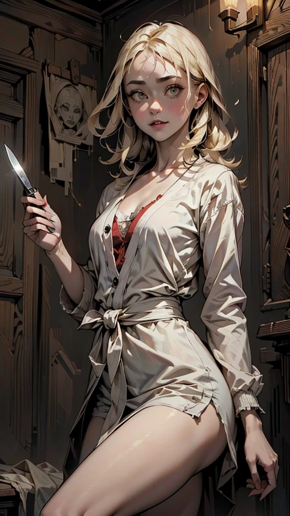 (masterpiece), (High resolution), (Very delicate), (masterpiece: 1.2, highest quality), whole body,(snap shot), Creepy Appearance, Unique atmosphere、Holding a knife、High school girl wearing a white cardigan、Blonde