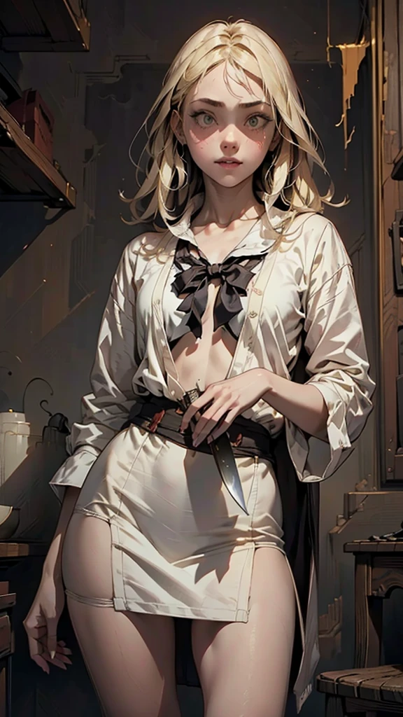 (masterpiece), (High resolution), (Very delicate), (masterpiece: 1.2, highest quality), whole body,(snap shot), Creepy Appearance, Unique atmosphere、Holding a knife、High school girl wearing a white cardigan、Blonde