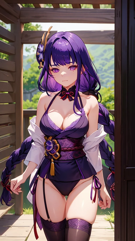 shogun, 1girl, solo, long hair, looking at viewer, hair ornament, thighhighs, bikini, ribbon, holding, cleavage, closed mouth, purple eyes, purple hair, braid, mole, blurry, sash, mole under eye, purple flower, vision (genshin impact), obijime, tomoe (symbol), obiage, mitsudomoe (shape),