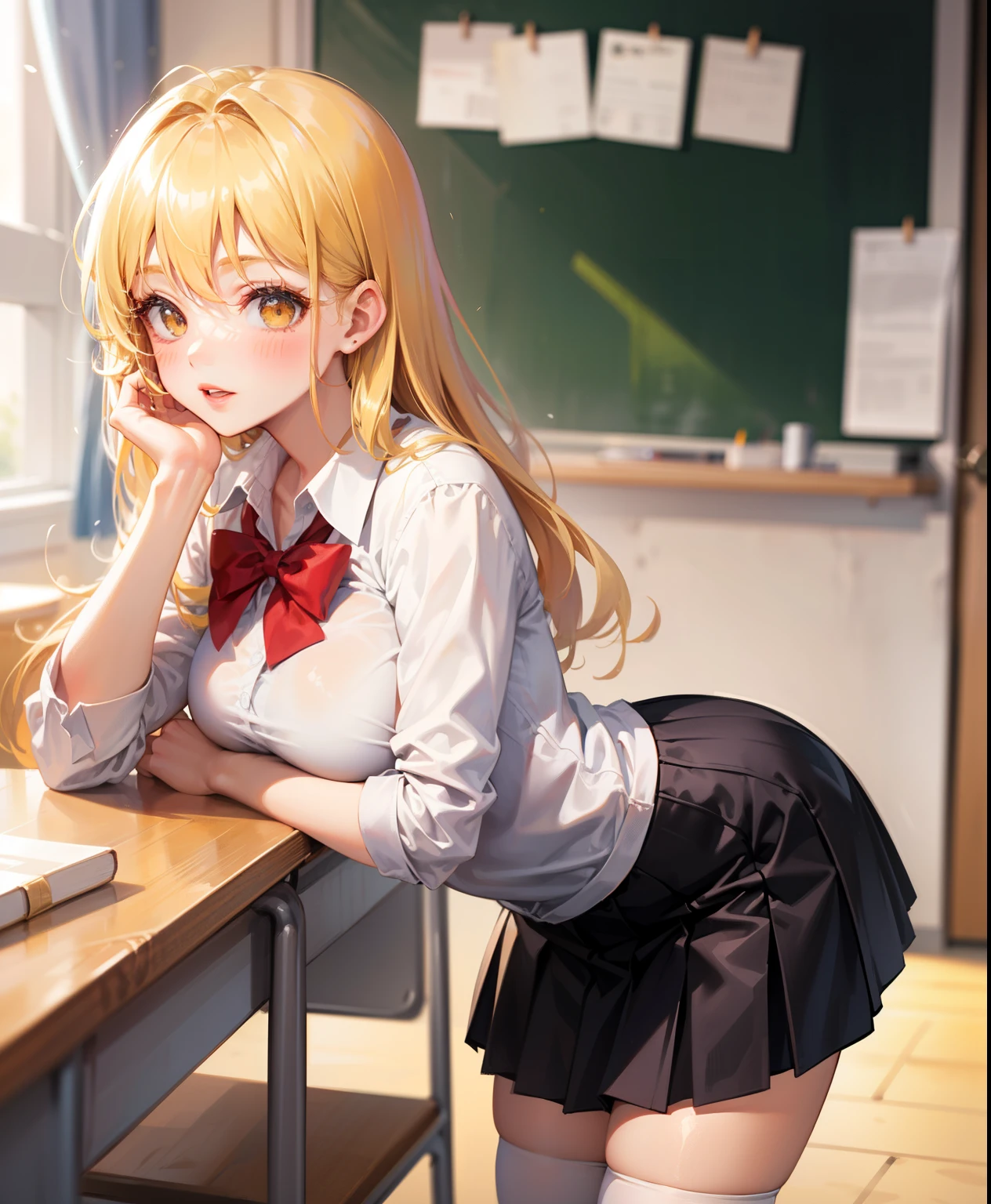 Dynamic posing, dynamic angle, Arrange pose,Top quality work,Show Legs,(short Creamy Golden Blonde hair),(golden eyes), lovely red lips, Rose cheeks, Pretty Face, A perfectly proportioned face, school shirt with red bow and black skirt, (school uniform), white stockings,in classroom,full-body view, amazing, Large round chest、Beautiful eye details、Beautiful eyelashes、beautiful double eyelid, with blush cheeks, talking to viewer