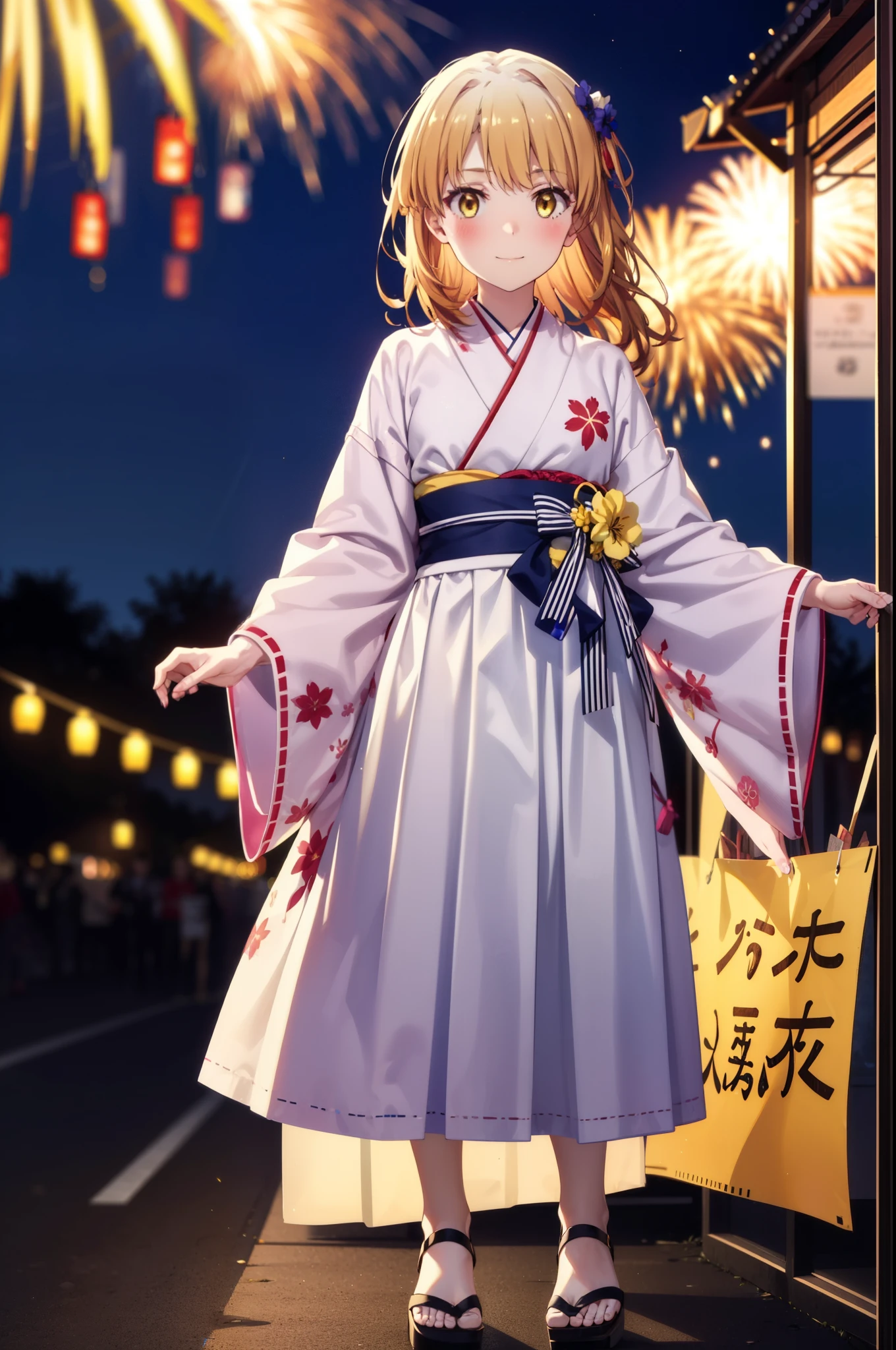 irohaisshiki, Iroha Isshiki, Long Hair, Brown Hair, (Brown eyes:1.5), smile,Yellow kimono,Thick sleeves,Long skirt,White tabi,Sandals,日本のFestivalり,夏Festivalりの屋台,Red lantern,Fireworks in the night sky、Fireworks,The place is a fireworks display,Time is night,sunny day,whole bodyがイラストに入るように,歩いている
break outdoors, Festival,
break looking at viewer,whole body,
break (masterpiece:1.2), highest quality, High resolution, unity 8k wallpaper, (figure:0.8), (Beautiful fine details:1.6), Highly detailed face, Perfect lighting, Highly detailed CG, (Perfect hands, Perfect Anatomy),