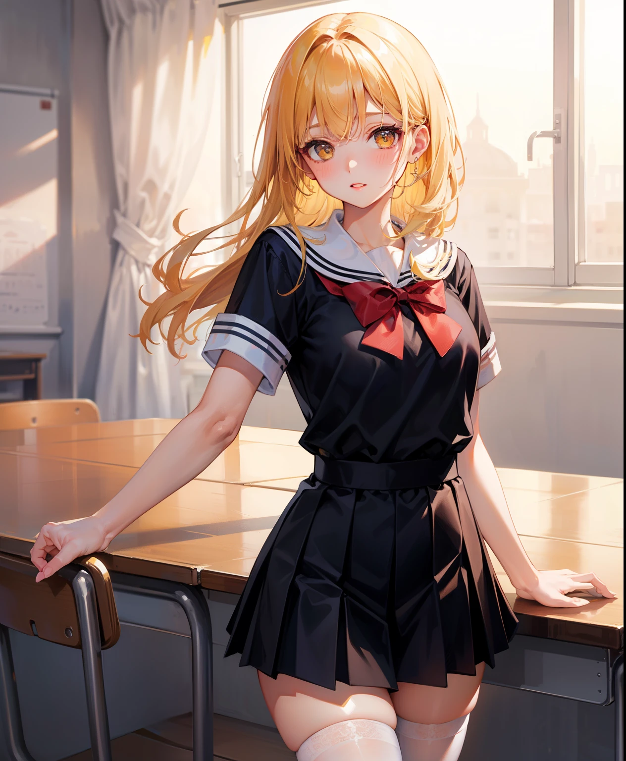 Dynamic posing, dynamic angle, Arrange pose,Top quality work，Show Legs，(short Creamy Golden Blonde hair),(golden eyes), lovely red lips, Rose cheeks, Pretty Face, A perfectly proportioned face, school shirt with red bow and black skirt, (school uniform),  white stockings，in classroom，full-body view， amazing, Large round chest、Beautiful eye details、Beautiful eyelashes、beautiful double eyelid,  with blush cheeks, talking to viewer