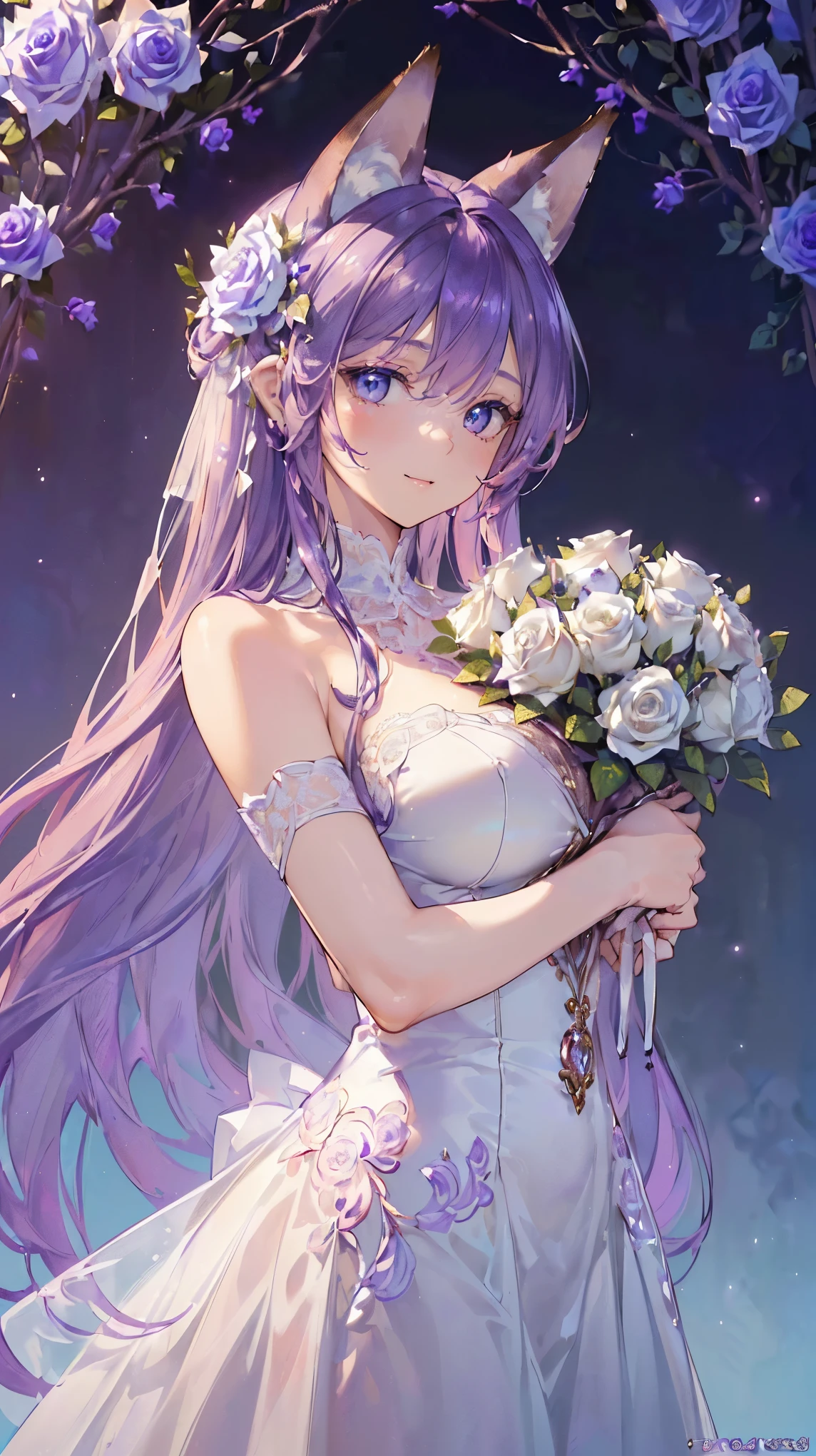 (((Masterpiece))), (((Highest quality))), ((Ultra-detailed)), ((Super fine illustration)), ((Ultra-fine painting)), (16K highest quality wallpaper:1.4), (Upper body:1.4), (Highly detailed and delicate illustration style:1.8), Detailed skin texture, Detailed cloth texture, Detailed rose flower texture, Extreme detailed description, (T-masterpiece), (Highly detailed face:1.4), (Highly detailed Purple fox ears:1.2), (Highly detailed Purple hair:1.2), (Highly detailed clear eyes:1.2), Original, RAW photo, Professional, Intricate details, Super details, Direct light:1.6, (Perfect anatomy:1.4), (Highly detailed hands:1.2), (Highly detailed fingers:1.2), (Highly detailed fingertips:1.2), (27-years-old), Real, (Solo:1.6), ((A very beautiful and attractive Purple fox fashion model:1.4))
BRAKE
(Beautiful and adorable Purple fox ears:1.6), (Highly detailed and delicate Purple fox ears:1.2), (Beautiful and well-shaped big breasts:1.2), (Beautiful and well-shaped buttocks), (Beautiful and shiny Purple hair:1.6), (Highly detailed and delicate Purple hair:1.4), (Beautiful clear blue eyes that shine with great detail:1.6), (Highly detailed and delicate blue eyes:1.2), (Highly detailed face:1.4), (Smile:1.4), (Looking at viewer:1.4), (Standing:1.4), (Celebration:1.4)
BRAKE
((A beautiful and gorgeous princess dress that is detailed and delicate to be worn at celebratory occasions:1.4))
BRAKE
((Holding in both hands a large bouquet of highly detailed and delicate ((white and pink roses)):1.3))
BRAKE
(Just after noon:1.4), (Celebration:1.4), ((Highly detailed and delicate white rose flower and pink rose flower garden background:1.4)), (Highly detailed and delicate royal palace courtyard background in just after noon in spring:1.4) BRAKE