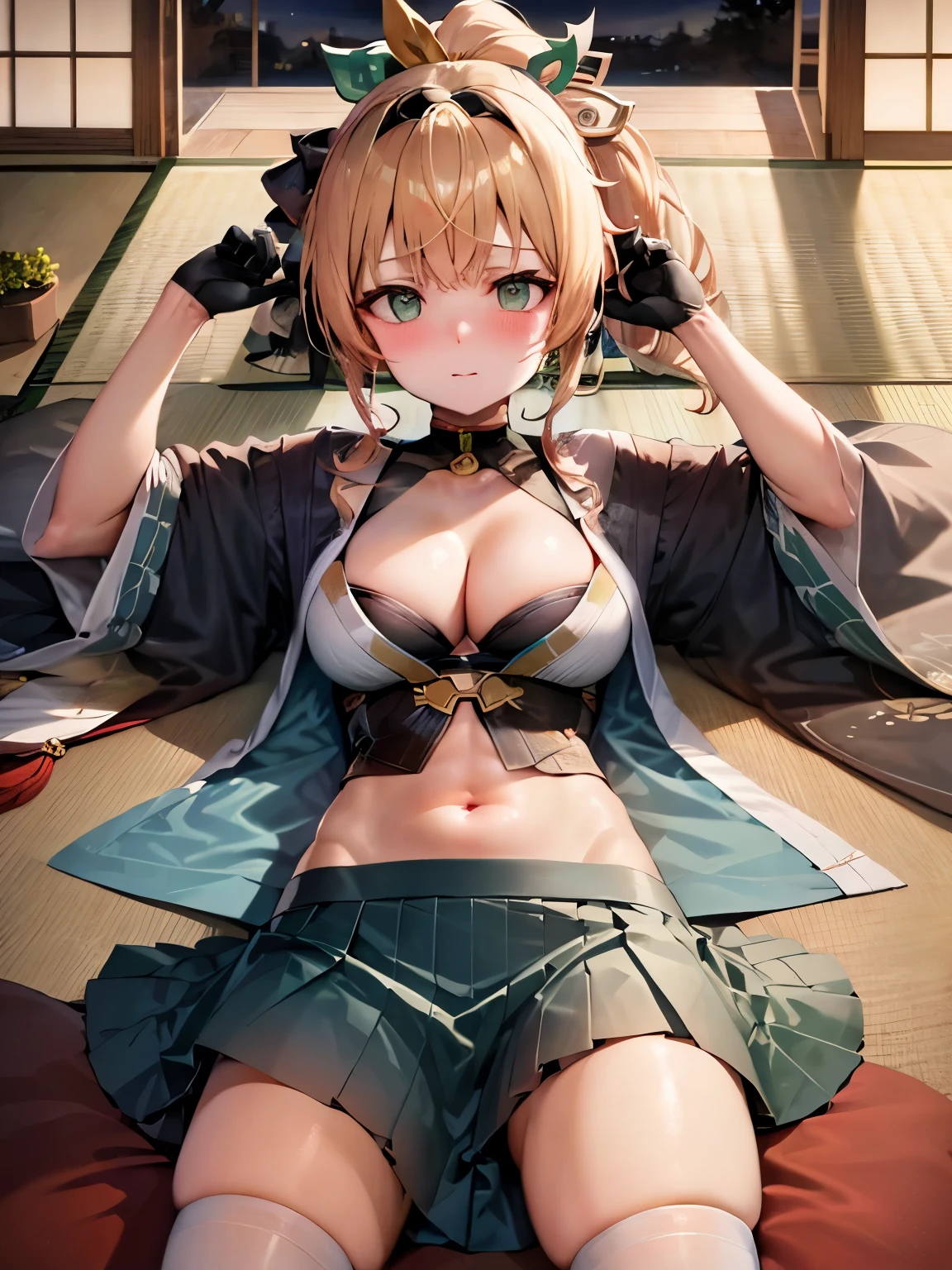 NSFW,Hololive,Kazema Iroha,Blonde,ponytail,hair ornaments,Headband,kimono,Haori,Belly button cover,Black gloves,Pleated skirt,Green skirt,White knee socks,Cleavage,Skirt Lift,Embarrassed,blush,Expectant gaze,Face to the side,Mansion at night,Japanese-style room,Futon,(Perfect hands),(Perfect Anatomy),(masterpiece),(highest quality),Lying on your back,Stretch your arms