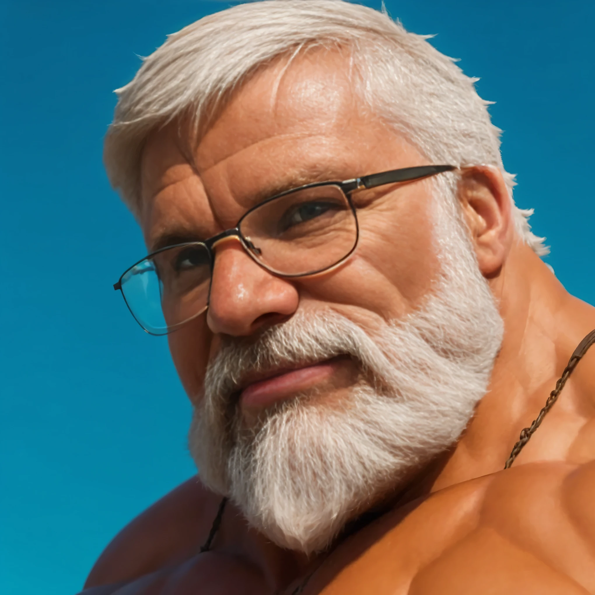 A solo, muscular boy with huge pectorals wearing glasses stands in a harbor, shirtless. He is an old man with short white hair and a thick beard. The scene is full of pirates, creating an adventurous atmosphere. The artwork is a masterpiece, with high detail and resolution of 8k. The muscular boy's pectorals are particularly emphasized, showcasing his strength. The harbor is bustling with activity, with ships, crates, and seagulls in the background. The lighting is dramatic, highlighting the boy's strong physique. Overall, the image exudes a sense of power, adventure, and mastery.