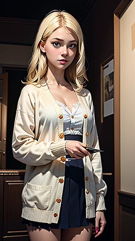 (masterpiece), (High resolution), (Very delicate), (masterpiece: 1.2, highest quality), whole body,(snap shot), Creepy Appearance, Unique atmosphere、Holding a knife、High school girl wearing a white cardigan、Blonde
