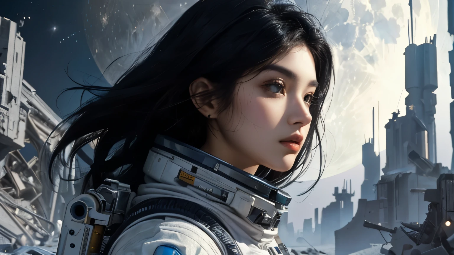 Upper body close-up image.A beautiful woman. Twenty years old. Black hair. She is wearing a space suit and standing on the moon. Behind her lies a futuristic city in ruins.
