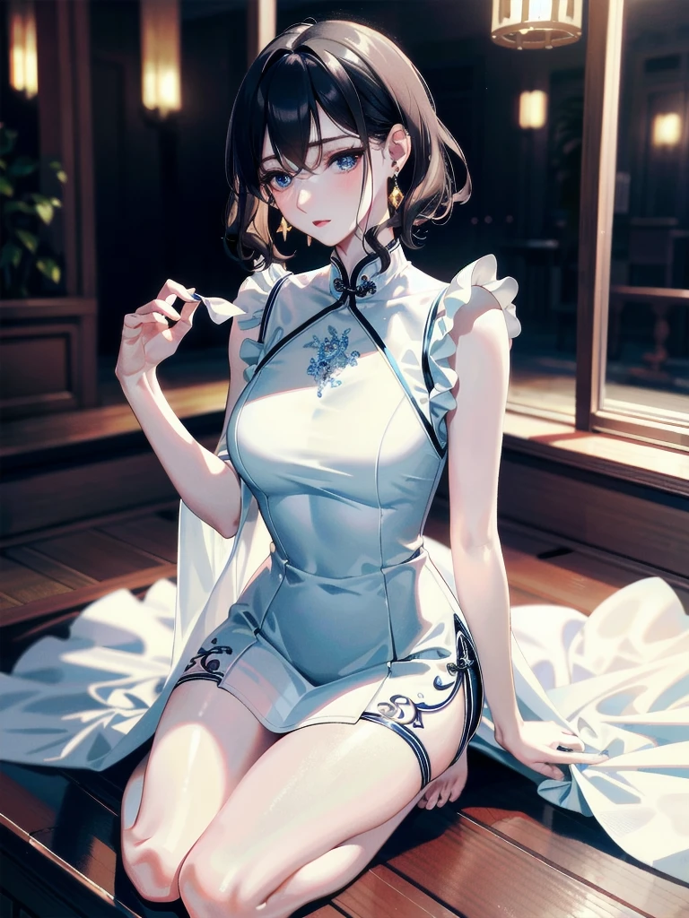 absurdres, RAW photo, extremely delicate and beautiful, masterpiece, Best Quality, ultra high resolution, 32k, hyperrealistic, ultra-detailed, detailed description, pale skin, 20 years old, tearful mole, earring, Colossal tits, short medium hair, wavy hair, full body shot, alone, cheongsam, halterneck,