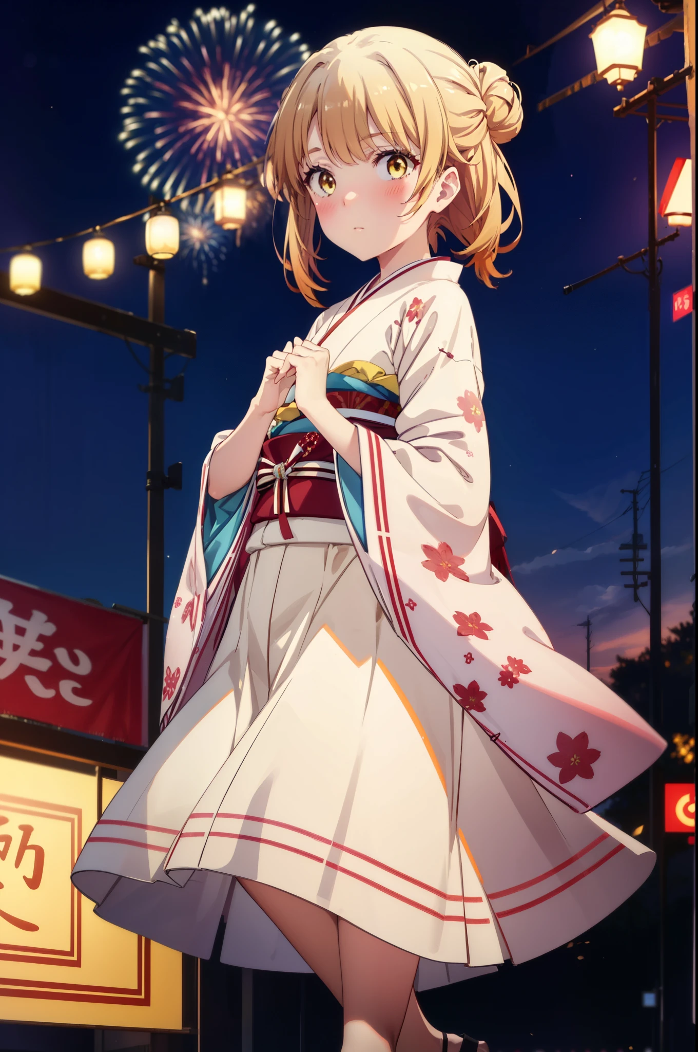 irohaisshiki, Iroha Isshiki, long hair, Brown Hair, (Brown eyes:1.5), Hair Bun, single Hair Bun笑顔,Yellow kimono,Thick sleeves,Long skirt,White tabi,Sandals,日本のFestivalり,夏Festivalりの屋台,Red lantern,Fireworks in the night sky、Fireworks,The place is a fireworks display,Time is night,sunny day,whole bodyがイラストに入るように,歩いている
break outdoors, Festival,
break looking at viewer,whole body,
break (masterpiece:1.2), highest quality, High resolution, unity 8k wallpaper, (figure:0.8), (Beautiful fine details:1.6), Highly detailed face, Perfect lighting, Highly detailed CG, (Perfect hands, Perfect ???????),
