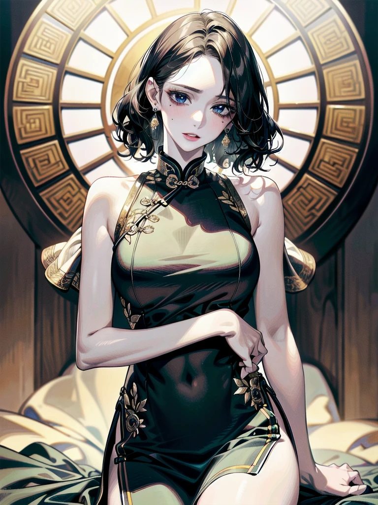 absurdres, RAW photo, extremely delicate and beautiful, masterpiece, Best Quality, ultra high resolution, 32k, hyperrealistic, ultra-detailed, detailed description, pale skin, 20 years old, tearful mole, earring, Colossal tits, short medium hair, wavy hair, full body shot, alone, cheongsam, halterneck,