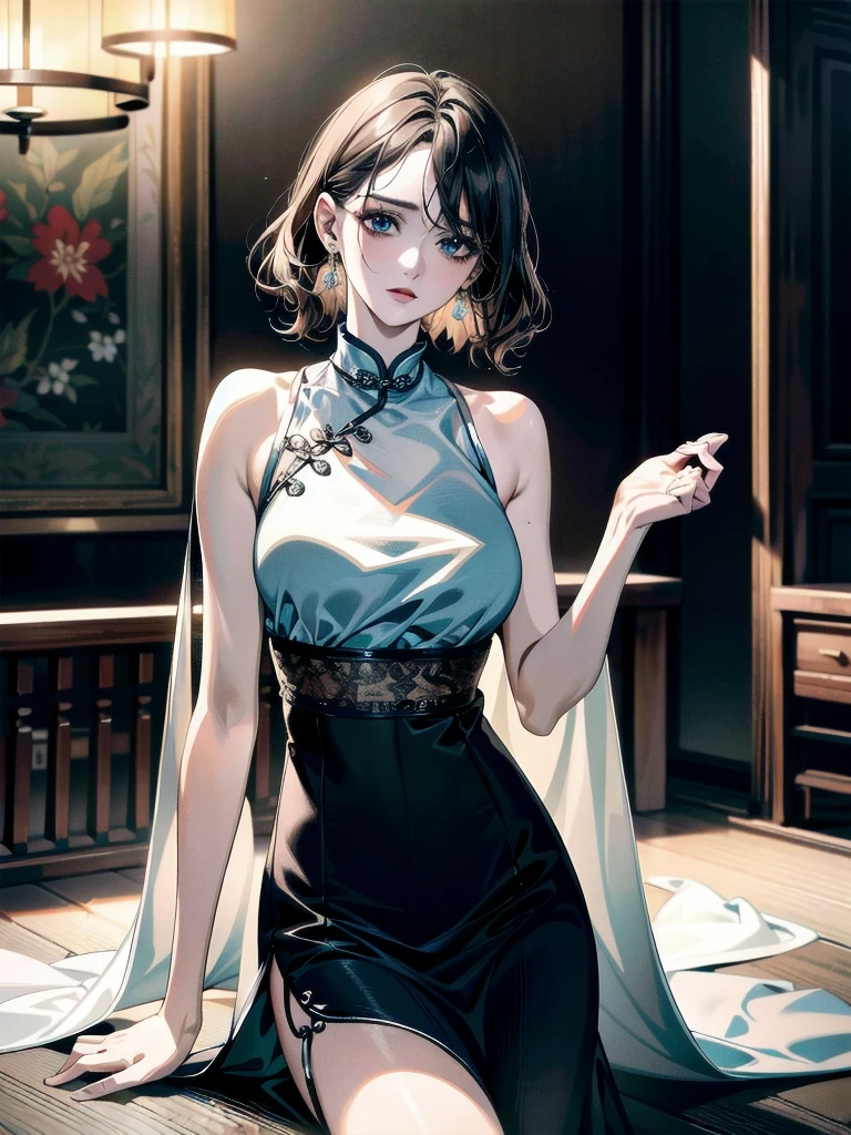 absurdres, RAW photo, extremely delicate and beautiful, masterpiece, Best Quality, ultra high resolution, 32k, hyperrealistic, ultra-detailed, detailed description, pale skin, 20 years old, tearful mole, earring, Colossal tits, short medium hair, wavy hair, full body shot, alone, cheongsam, halterneck,