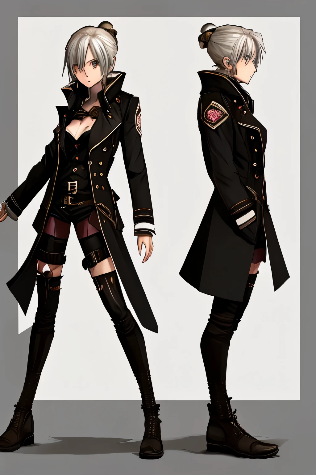 Anime girl model sheet, Pale anime girl with wine red eyes and a serious expression, she has long white hair that is loose and levitating by her power, a anime girl, being a little tall, she wears an outfit of black heroine Look with trench coat and dark details mixed with technology and an overcoat, holding a scythe in her left hand, standerd position, character full body model sheet.