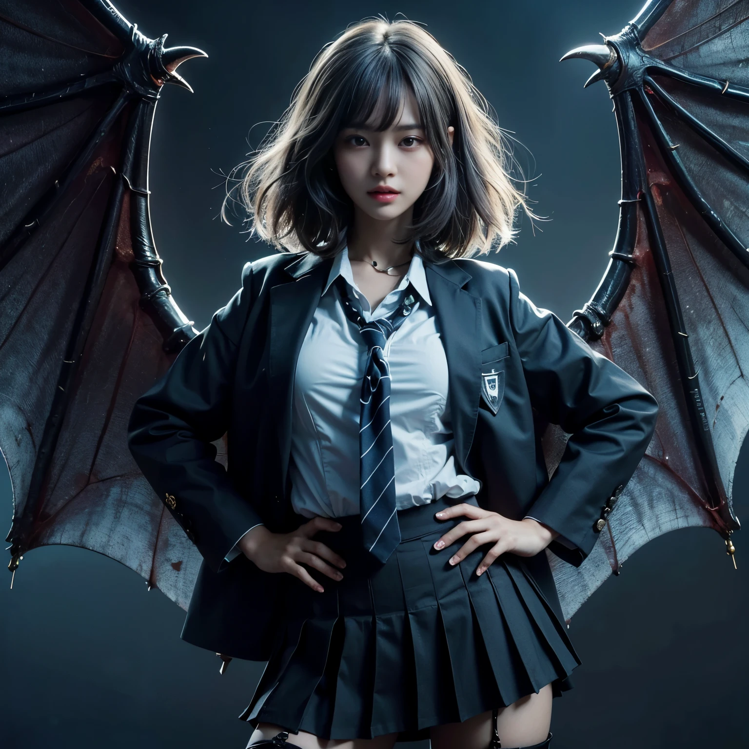masterpiece、highest quality、8k、Extremely realistic photos、cool、Sharp Eye、Slit eyes、tooth、Double teeth、Japanese women、Very beautiful face、Sailor suit、student、Dark Skin、Gray Hair、short hair、gloss々Texture、Large bat wings、Extremely intricate details、Professional Lighting、Sexy pose