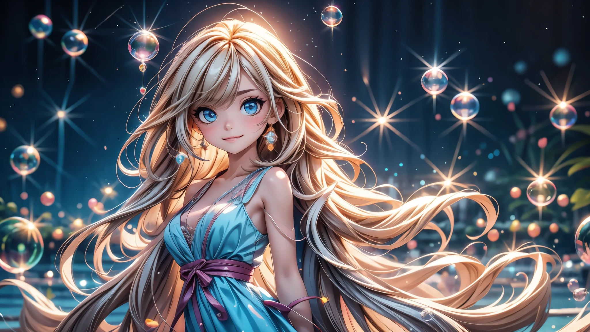 
A  dancing with soap bubbles,illustration,Soft colors,soft light,high resolution,Super detailed,best quality,portrait,fantasy,Charming atmosphere,floating dress,Beautiful and delicate eyes,Flowing long hair,Slender fingers,Dream background,Detailed background,Subtle light,Bubbles,Water Drops,fantasy theme,lively movement, Octane Render 