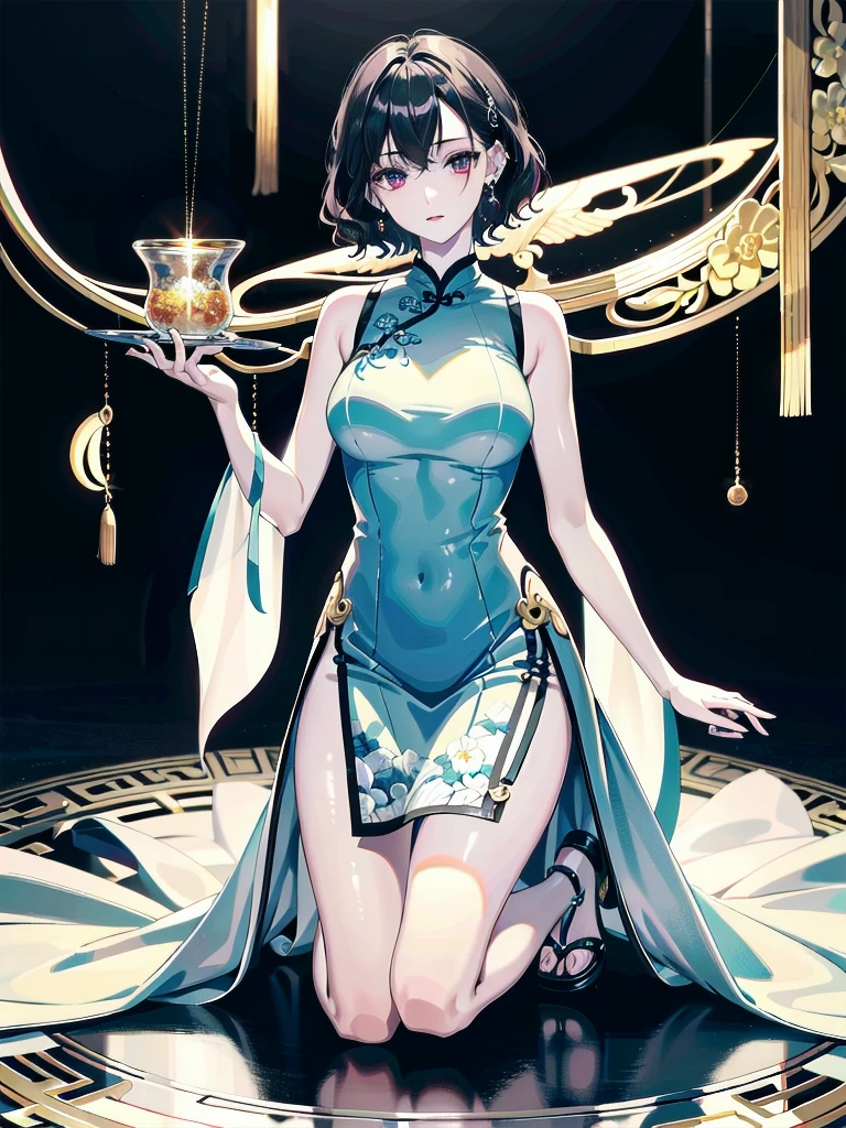 absurdres, RAW photo, extremely delicate and beautiful, masterpiece, Best Quality, ultra high resolution, 32k, hyperrealistic, ultra-detailed, detailed description, pale skin, 20 years old, tearful mole, earring, Colossal tits, short medium hair, wavy hair, full body shot, alone, cheongsam, halterneck,