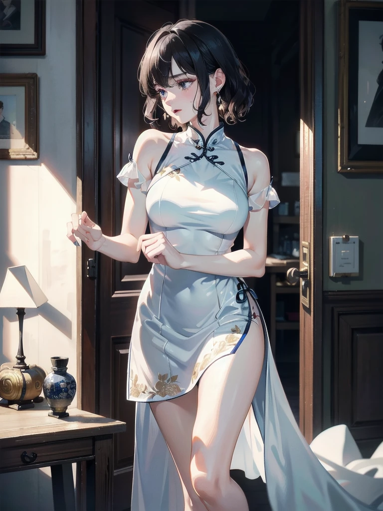 absurdres, RAW photo, extremely delicate and beautiful, masterpiece, Best Quality, ultra high resolution, 32k, hyperrealistic, ultra-detailed, detailed description, pale skin, 20 years old, tearful mole, earring, Colossal tits, short medium hair, wavy hair, full body shot, alone, cheongsam, halterneck,
