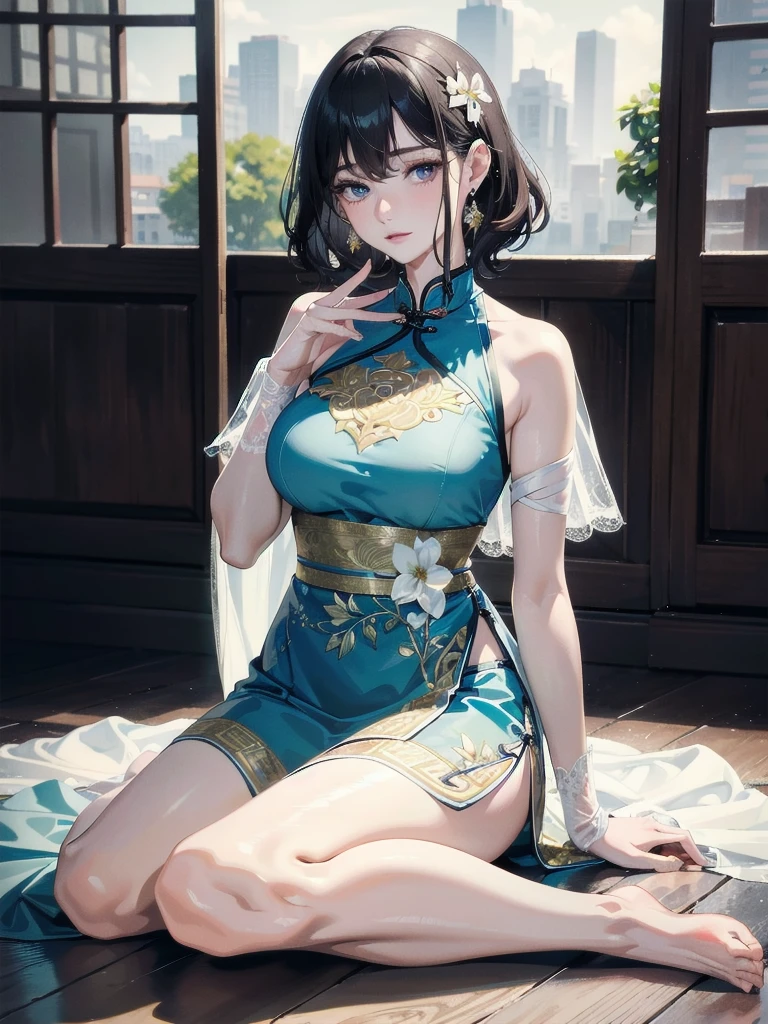 absurdres, RAW photo, extremely delicate and beautiful, masterpiece, Best Quality, ultra high resolution, 32k, hyperrealistic, ultra-detailed, detailed description, pale skin, 20 years old, tearful mole, earring, Colossal tits, short medium hair, wavy hair, full body shot, alone, cheongsam, halterneck,