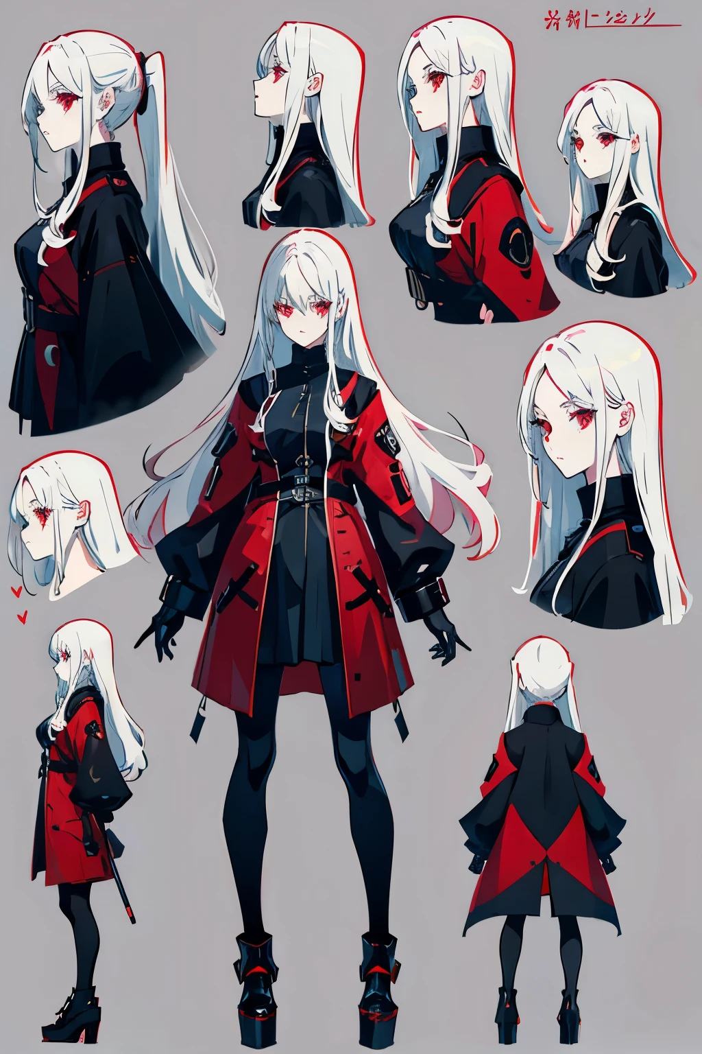 Anime girl model sheet, Pale anime girl with wine red eyes and a serious expression, she has long white hair that is loose and levitating by her power, a 16 year old anime girl, being a little tall, she wears an outfit of black heroine Look with trench coat and dark details mixed with technology and an overcoat, holding a scythe in her left hand, standerd position, character full body model sheet.
