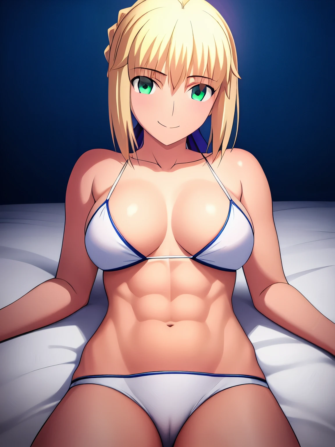 Best_quality, masterpiece, highres, detailed, detailed_background, ray_tracing_graphic, solo, adult_female, {saber_fatestaynightufotable:1.15}, blonde_hair, French_bread, little_ahoge, detailed_green_eyes, blue_ribbon, 1girl, anime_coloring, detailed_face, kuudere_face, smile, five_fingers, blush, large_breasts, white_bikini, blue_straps, pants, from_the_top, lying, bed, dark_room, night_time, looking_at_viewer, oily_skin, sixpack_abs, detailed_skin, detailed_texture