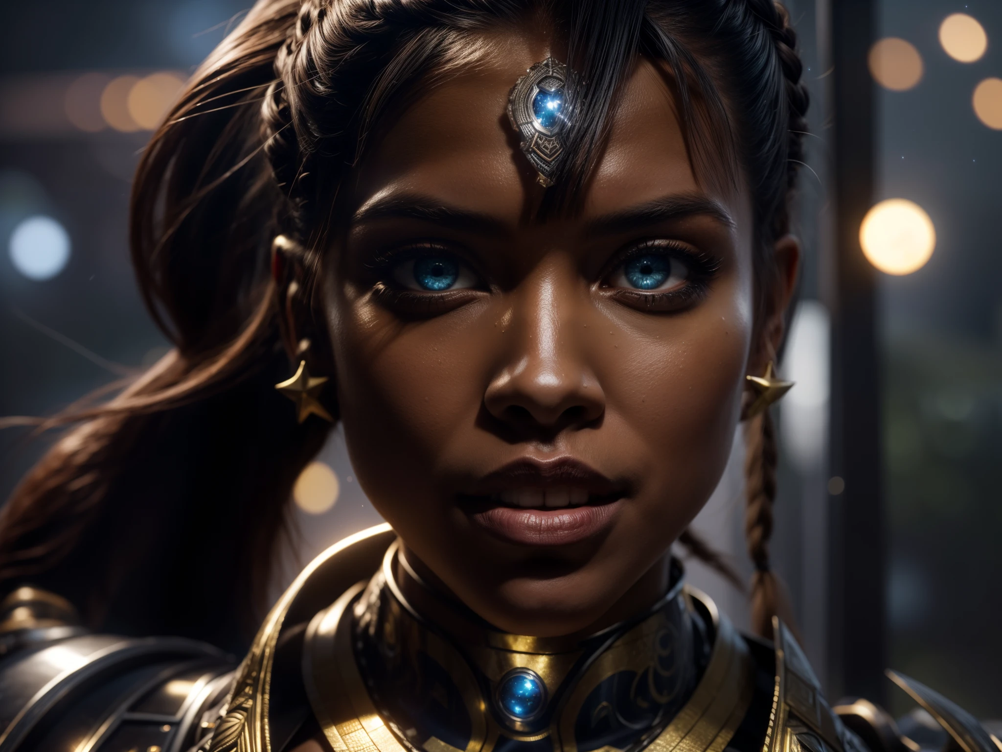 Terminate a powerful threat, The imposing appearance of a beautiful and powerful warrior Dora Milaje in a combat pose, menacing look, ricamente detalhada, Incredibly well braided long hair with bright lights, hiper-realista, black skin like shiny oil, mulher muito linda, corpo espetacular, Mulher curivilinea, 3D rendering, obra-prima, NVIDIA, RTX, ray tracing, Bokeh, Night sky with a huge, Lua cheia bonita em uma floresta reluzente, estrelas brilhando, 8k, night sky, Lua cheia imensa,