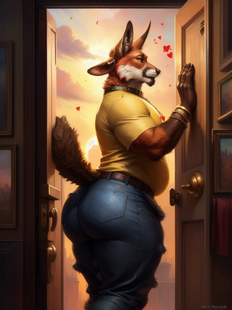 (male:1.5), (((yellow topwear))), (absurd res), ((ultra high resolution)), (((masterpiece quality))), ((side view)), ((breathtaking painstakingly detailed background)), ((impressive lighting)), ((sunset clouds)), ((floating hearts)), ((sparkles)), confetti, sunlight, ⫷|⫸ foxovh, sligarthetiger, cumbread, gammainks, seibear, lollipopcon, dizzyknight, greasymojo, xpray, roly, honovy, taran fiddler, kenket, riendonut, Bayard Wu, Thomas Benjamin Kennington, Duase, ⫷|⫸, jewelry, necklace, bracelet, earring, body accessory, ear accessory, arm accessory, neck accessory, (feet accessory), ⫷|⫸ (fuzzy furry body:1.6), (tall body), ((fur pattern)), ((exotic mammal)), (short tail), slightly chubby anthro, (stunningly beautiful legs), (detailed face), (mature anthro:1.6), ((long ears)), 🟥🦊, kangaroo, doe, solo, (yellow collar working shirt), (yellow & red shirt) big butt, beautiful eyes, dutch angle, ⫷|⫸ standing, (pants is ripped slightly to reveal just tiny anus), (((doordash promotional art))), looks like a doe, ((pants down)), stubby tail, crimson fur, ((((sfw)))), torn_pants, anal_access, tight_topwear,