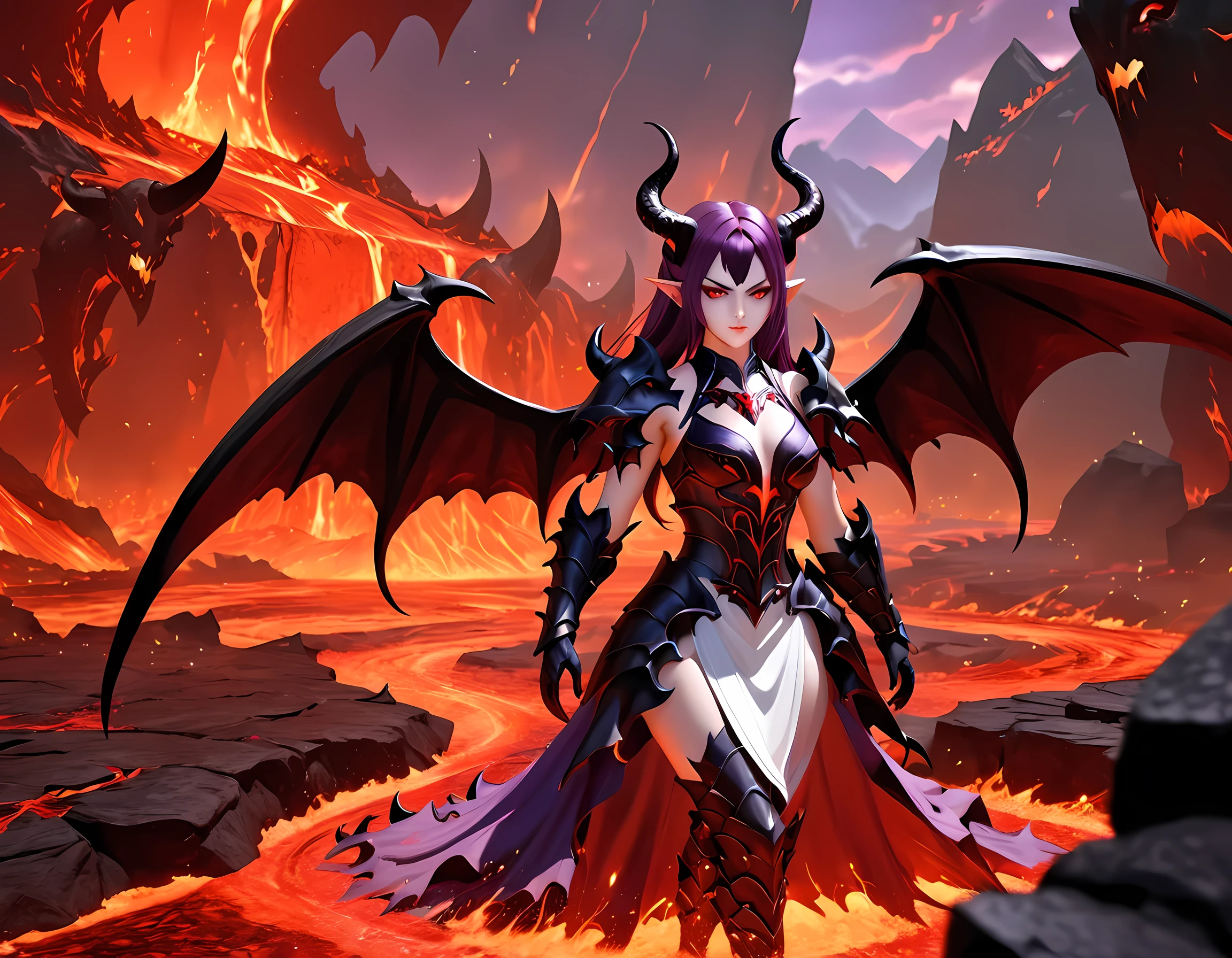 fantasy art, RPG art, masterpiece, a portrait picture o hellish female demon from hell, she has (black horns: 1.2), (black: 1.2) demon wings, (red: 1.3) skin, red lava dripping from her, she wears (white: 1.3) armor, (purple: 1.3) ArmoredDress, streams of rolling lava, hell in the background, 3d rendering, shadow wings