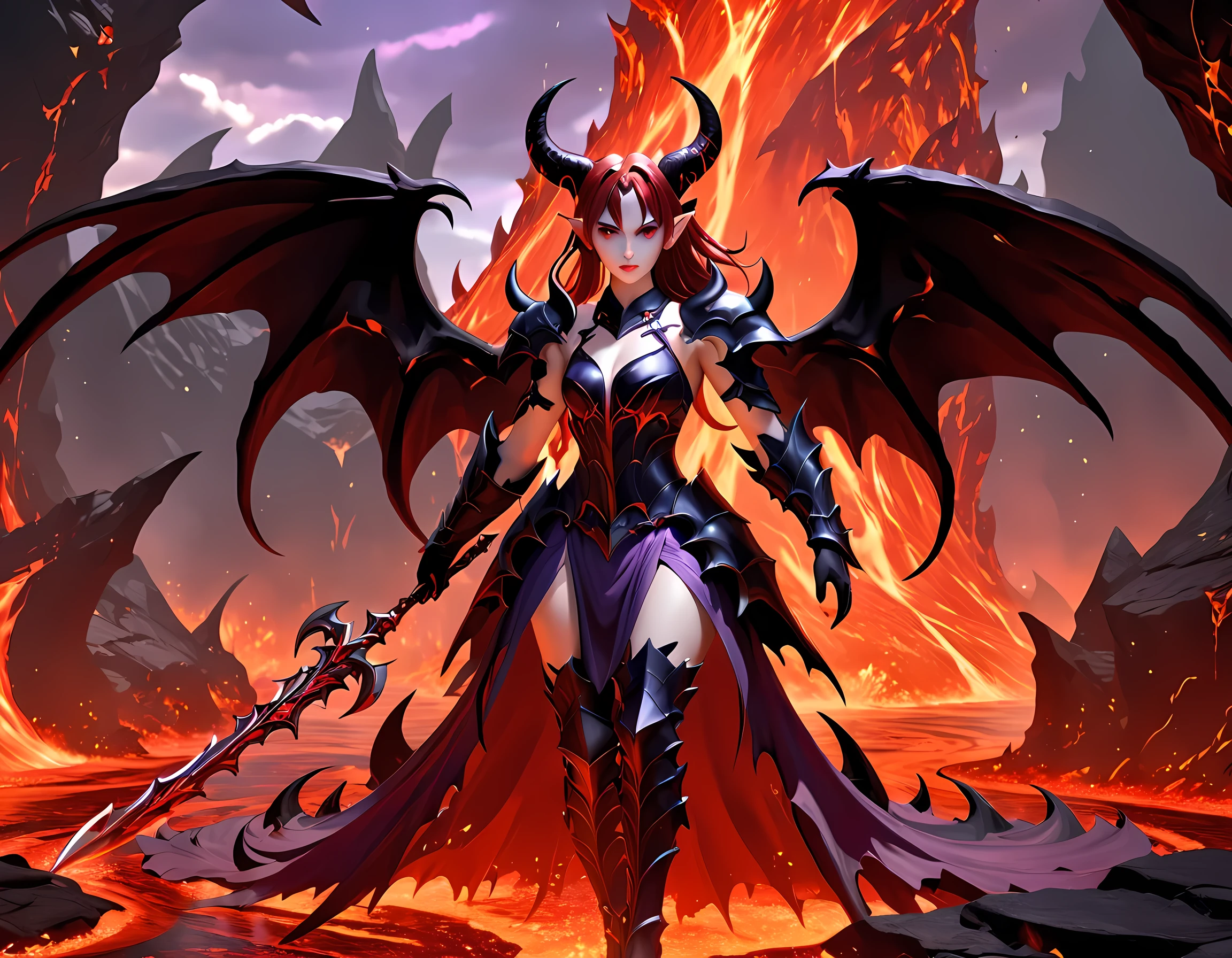 fantasy art, RPG art, masterpiece, a portrait picture o hellish female demon from hell, she has (black horns: 1.2), (black: 1.2) demon wings, (red: 1.3) skin, red lava dripping from her, she wears (white: 1.3) armor, (purple: 1.3) ArmoredDress, streams of rolling lava, hell in the background, 3d rendering, shadow wings