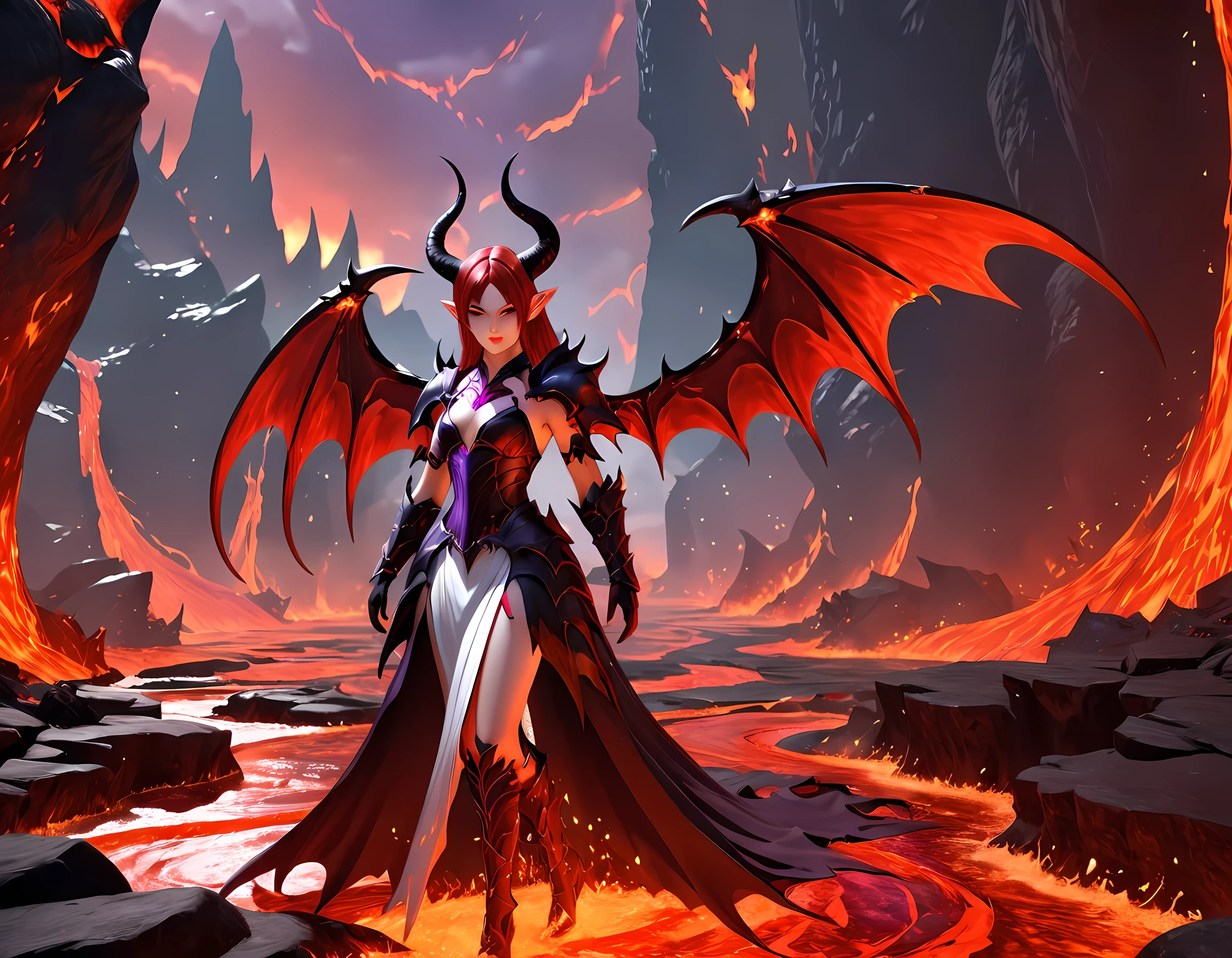 fantasy art, RPG art, masterpiece, a portrait picture o hellish female demon from hell, she has (black horns: 1.2), (black: 1.2) demon wings, (red: 1.3) skin, red lava dripping from her, she wears (white: 1.3) armor, (purple: 1.3) ArmoredDress, streams of rolling lava, hell in the background, 3d rendering, shadow wings