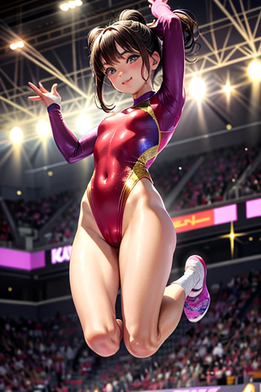 Gymnast、A leotard with glitter、Long sleeve、Pearl Color、gym、Large crowd、smile、4K resolution、Masterpiece、Photorealistic、athlete、Gymnastics competition、、Beauty、Plastic-like luster、Full body portrait、