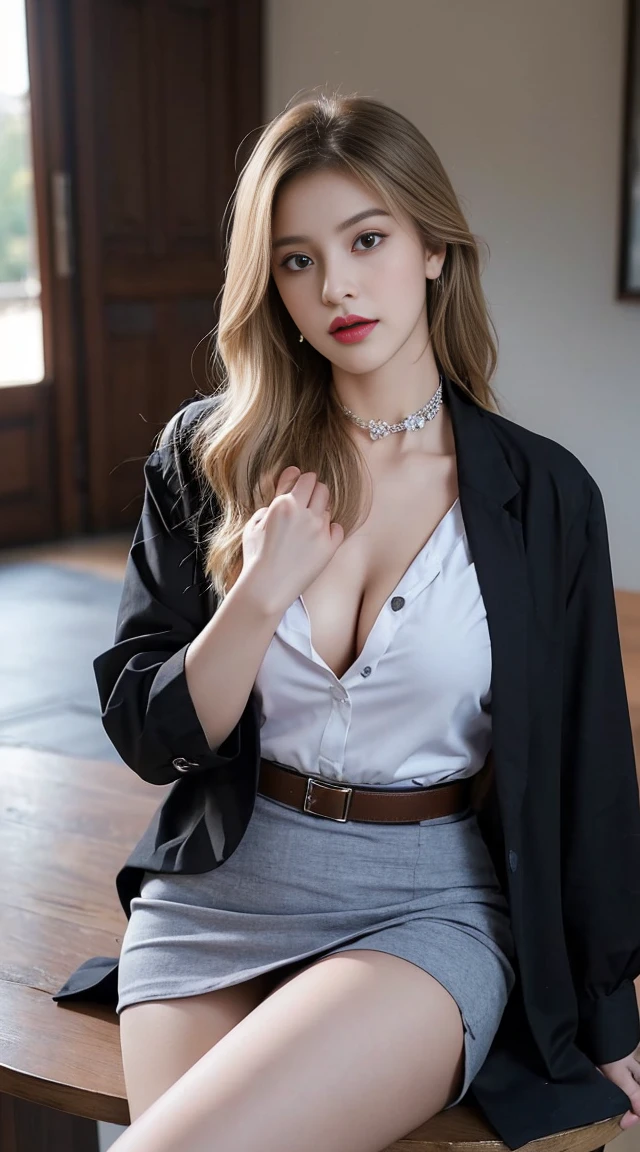 (8K,high resolution,Masterpiece, best quality, alone, complicated details, Chromatic aberration), realistic, ((Moderate breath)), hair in one eye,purple eyes, round hoop earrings, sharp eyes, Diamond-encrusted choker, (symmetrical eyes),(Perfect symmetrical body),Photo of a beautiful 21 year old age girl,(fit the body), ,Beautiful and charming with contemporary fashion paintings as well...., looking at the audience, ((In the background of a large classroom)), (black short skirt), ((The young woman wore a form-fitting white short-sleeved shirt., Unbuttoning the buttons, Revealing a little breast..)), ((A short black pencil skirt with a deep slit on the side..)), belt, ((Put your hands down.)),Blonde hair, Bob, long hair, Lateral smoothness,,copper blonde hair, sit, sharp eyeliner, Eye shadow blush with thick eyelashes, Very delicate and beautiful, round chin, Sharp focus, elegant,sit on the study table Lift one leg to eye level., The legs are slightly separated..,dynamic gesture,((Top the shirt with a crisp blue lab coat that doesn't reach your hips.))